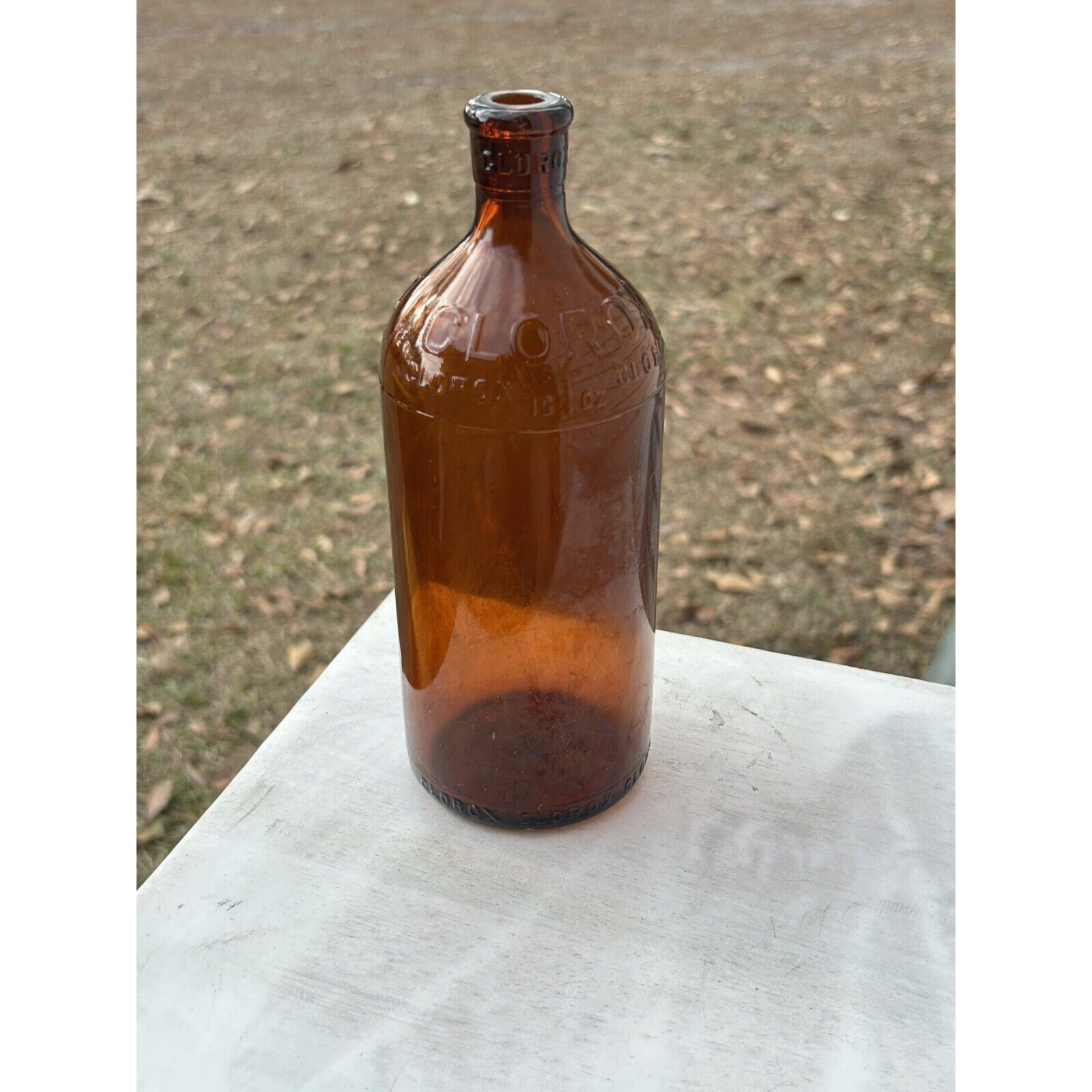 1929 Clorox amber glass 16oz bottle back view MCM