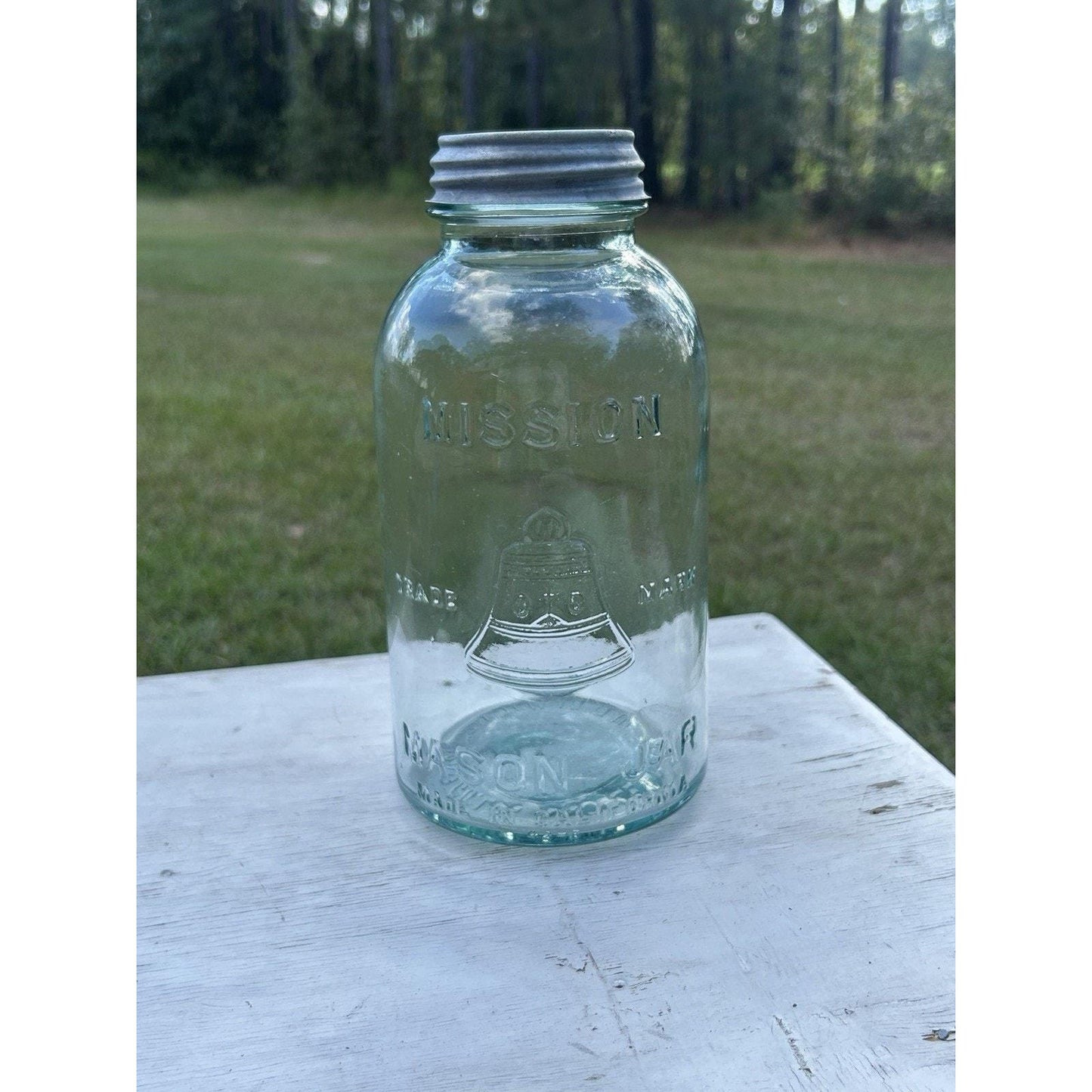 Very Rare Half Gallon Mission Bell Mason Jar – Aqua Blue Antique Canning Jar – W.J. Latchford Los Angeles California Farmhouse Kitchen Decor
