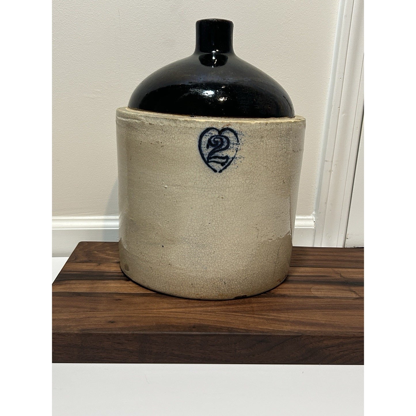Antique Burley Winter 2 Gallon Stoneware Jug Cobalt Blue Heart Salt Glaze Crock