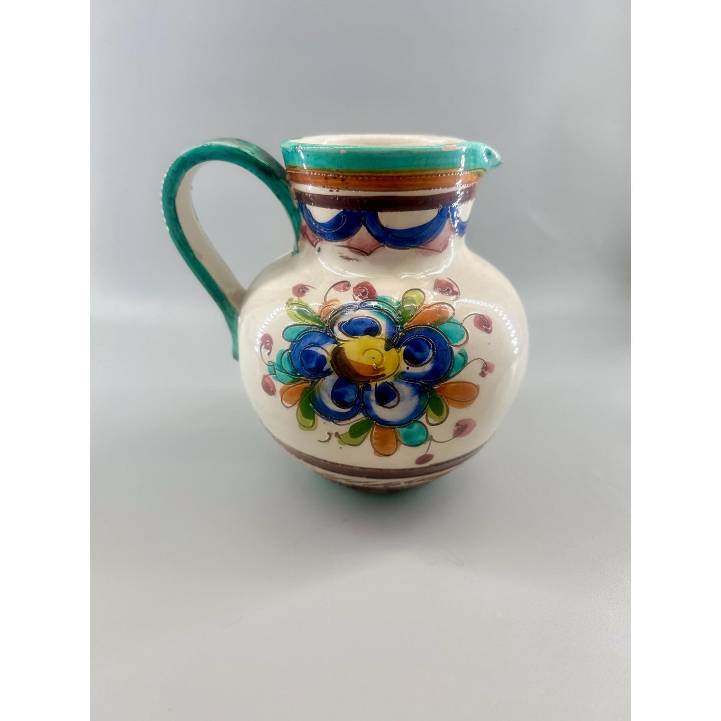 Vintage Spanish Talavera Faience Pottery Pitcher Hand Painted Floral Ceramic Jug Majolica