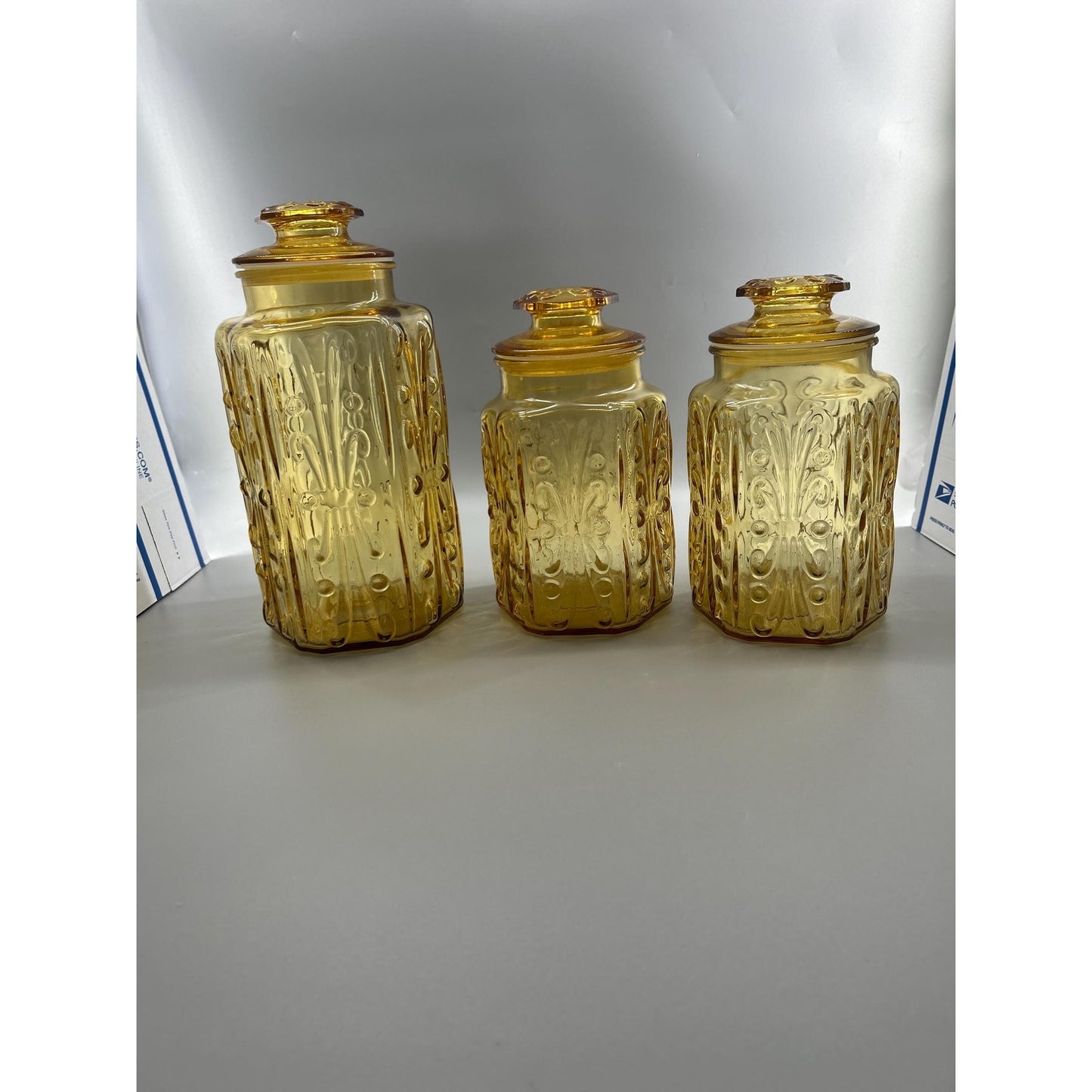Indiana Honey Amber Glass Apothecary Jars Set of 3, Vintage MCM Kitchen Canisters, Retro Farmhouse Storage, Cookie Jar
