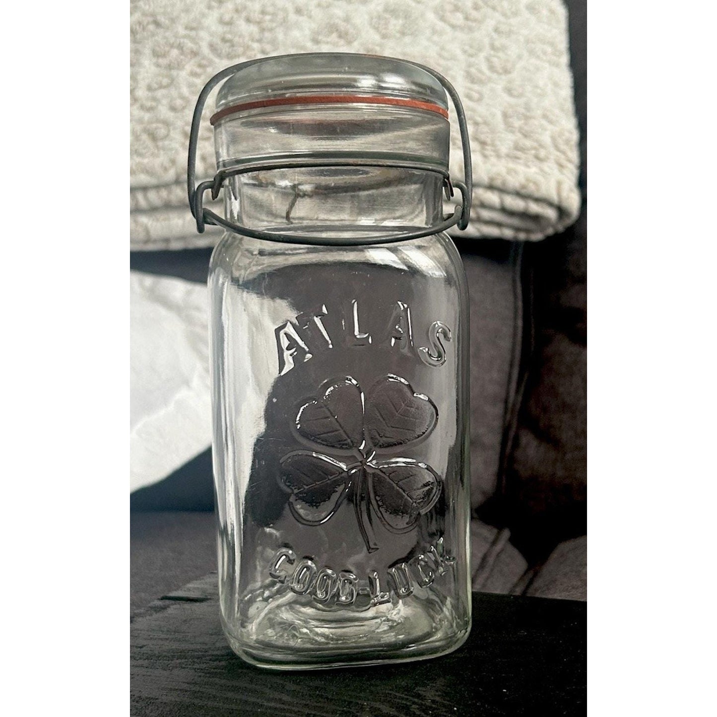 Scarce Vintage ATLAS “Good Luck” Clover Jar – Embossed Four-Leaf Canning Jar