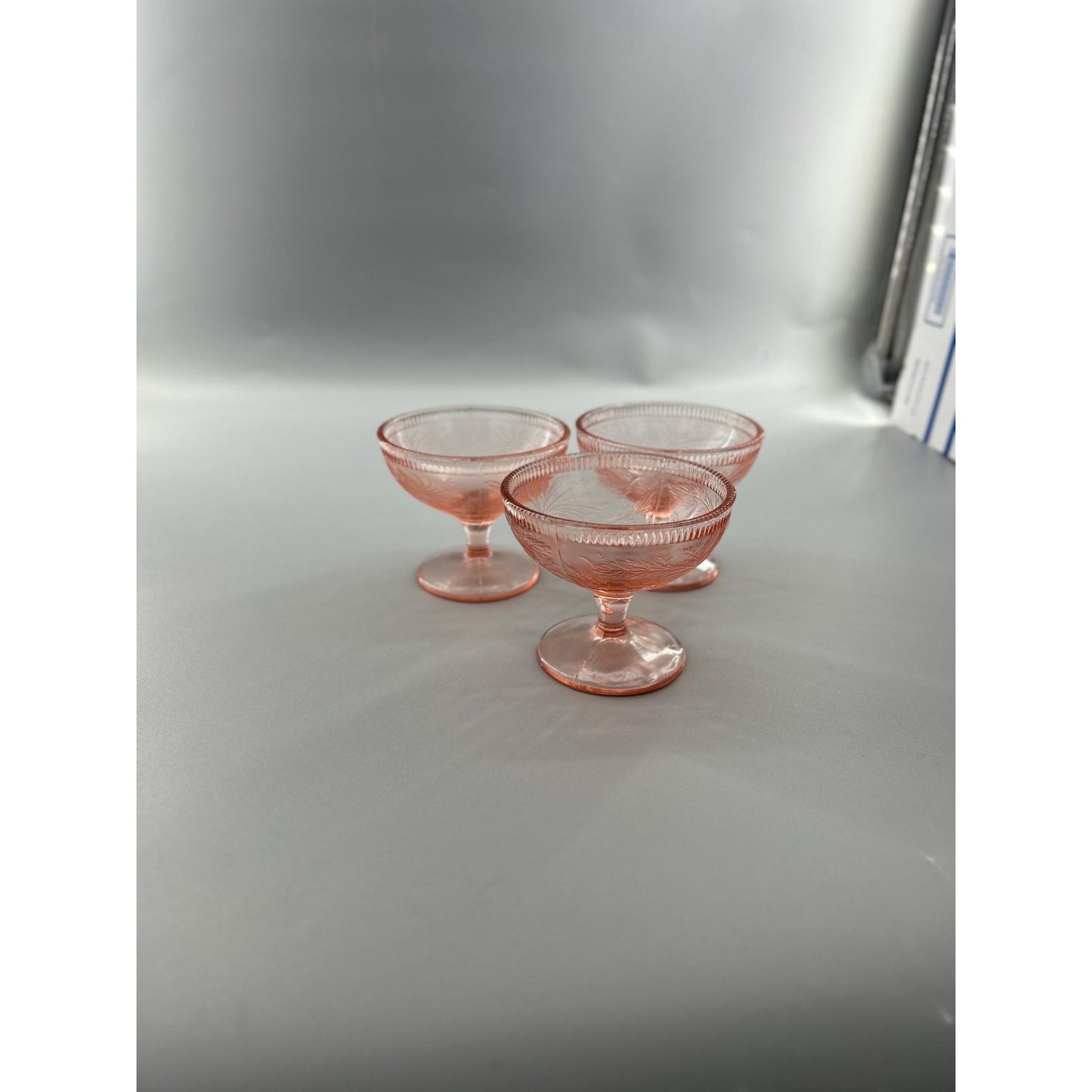 Pink Depression Glass Sherbet Dessert Cups • Vintage 1930s Footed Bowls • Set of 3 • Etched Floral Stemware • Cottage Farmhouse Tableware