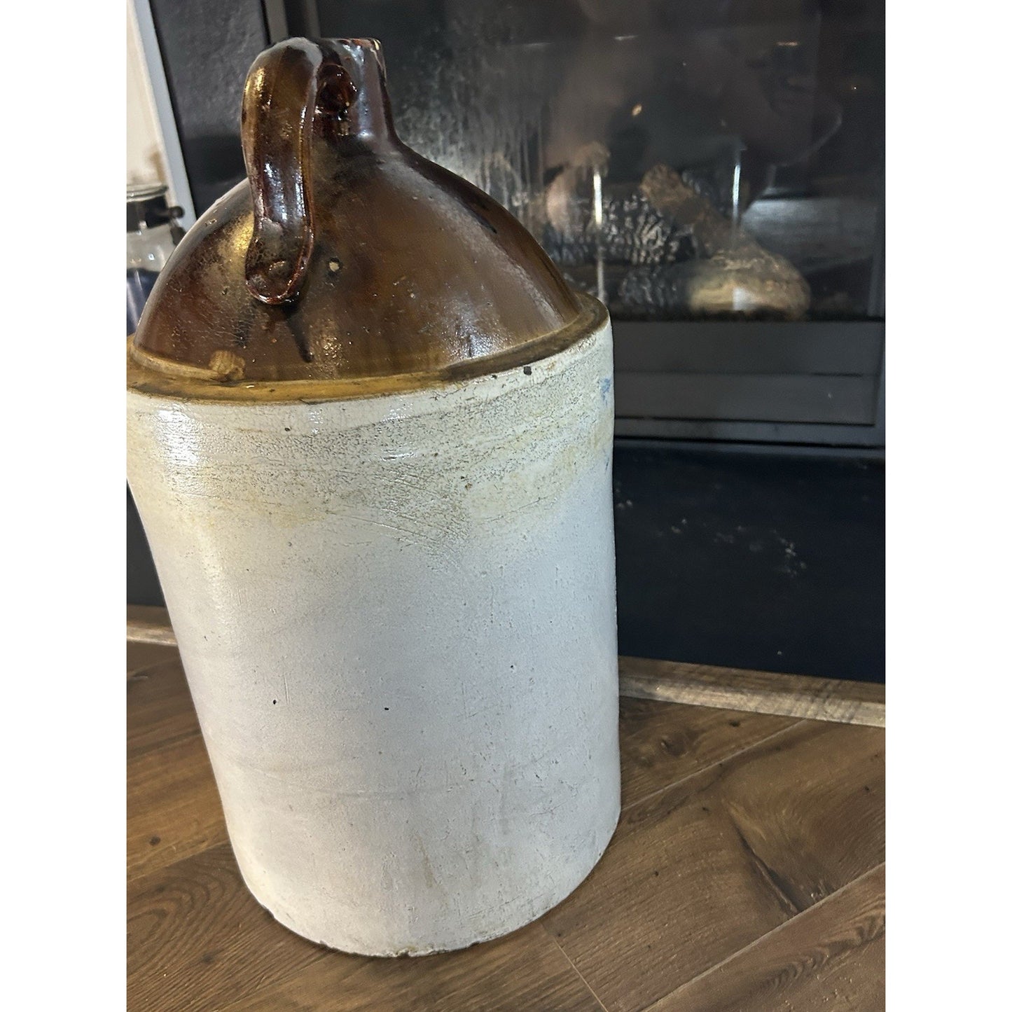 Primitive stoneware 5 gallon jug crock interior rim condition