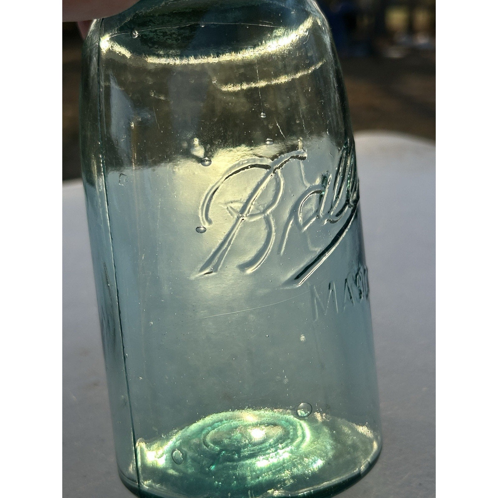 Antique Ball Triple L mason jar full profile aqua blue
