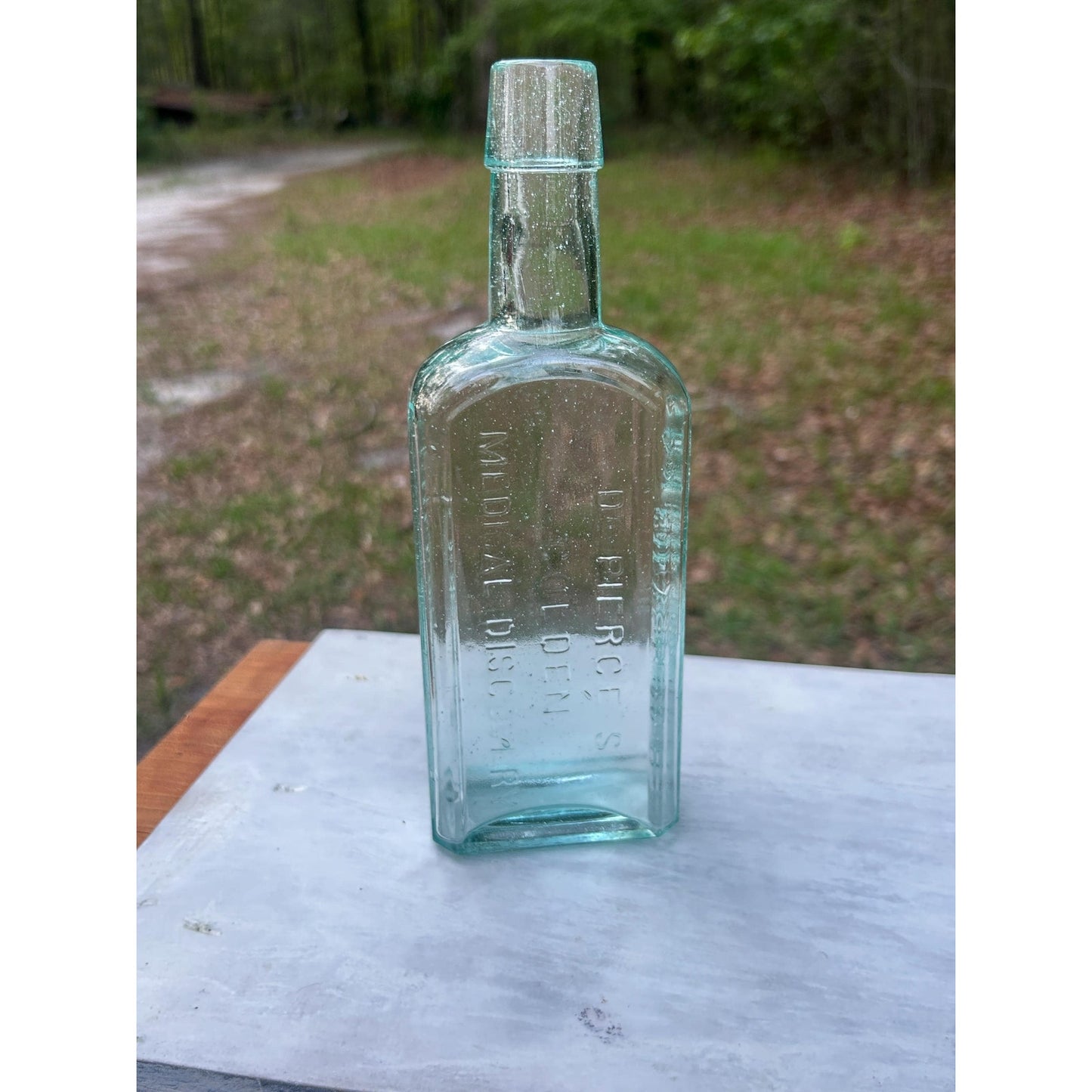 Antique Dr Pierce Golden Medical Discovery Applied Top Aqua Hand Blown Patent Medicine Bottle Buffalo NY 1880s Seed Bubbles