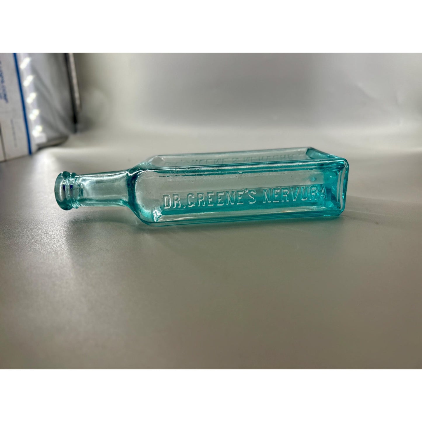 Antique Dr Greene’s Nervura Aqua Blue Patent Medicine Bottle c1890 Embossed Blood Nerve Remedy Apothecary Glass