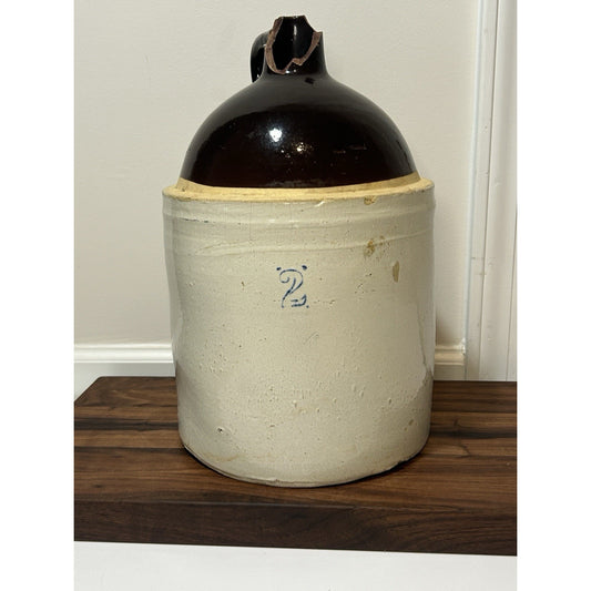 Vintage 2 Gallon Crock Jug With Cork White & Brown Blue No 2