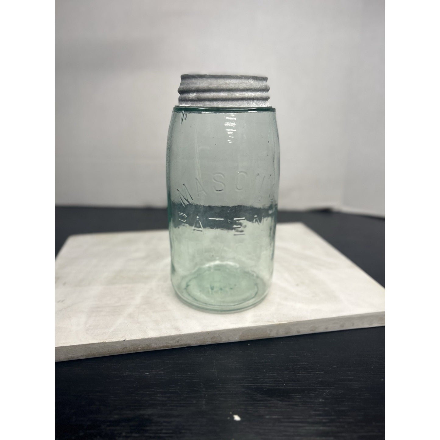 Antique Masons 1858 canning jar quart light blue side view