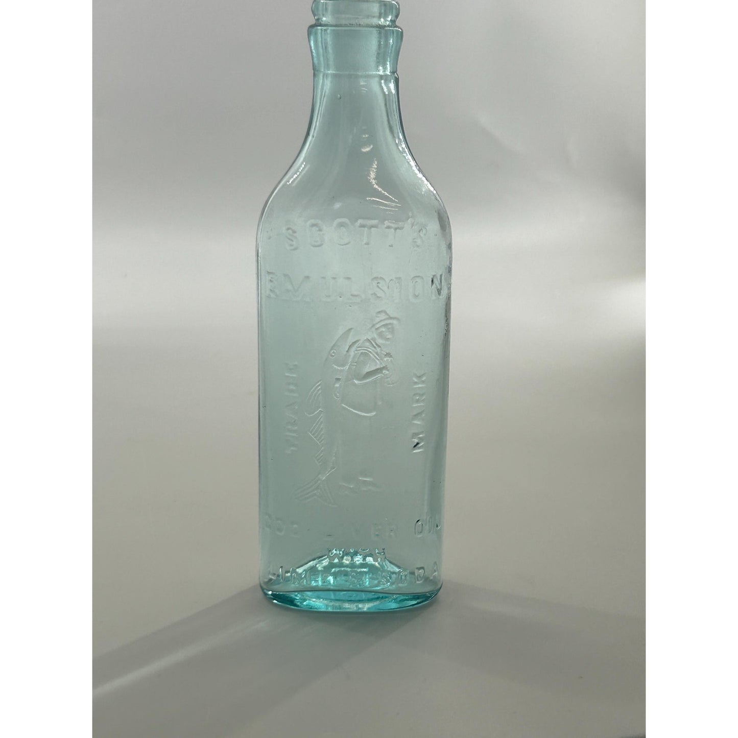 Antique Scott’s Emulsion Aqua Blue Cod Liver Oil With Lime & Soda Bottle Embossed Fisherman Patent Medicine