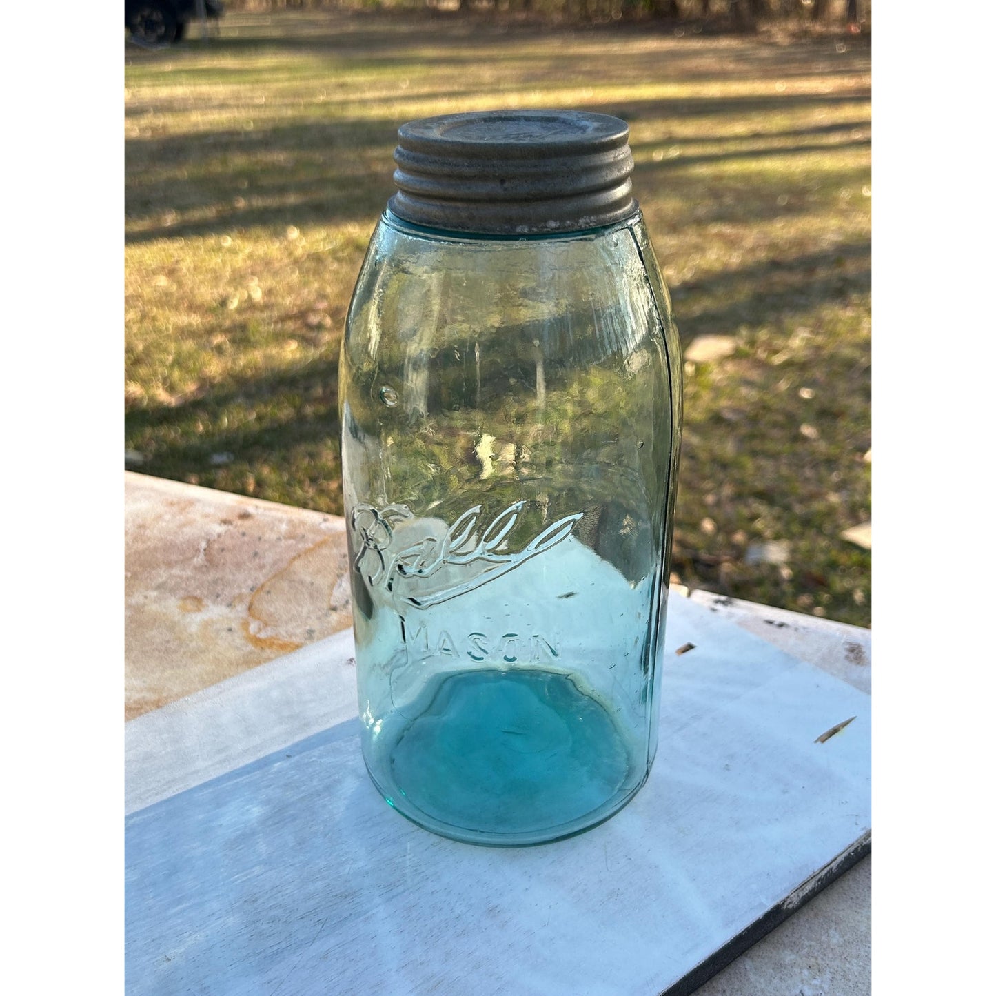 Antique Ball Mason Half Gallon Aqua Blue Triple L Script 1910–1923 Shoulder Seal Zinc Lid Large Early Collector Fruit Jar. Underlined Script