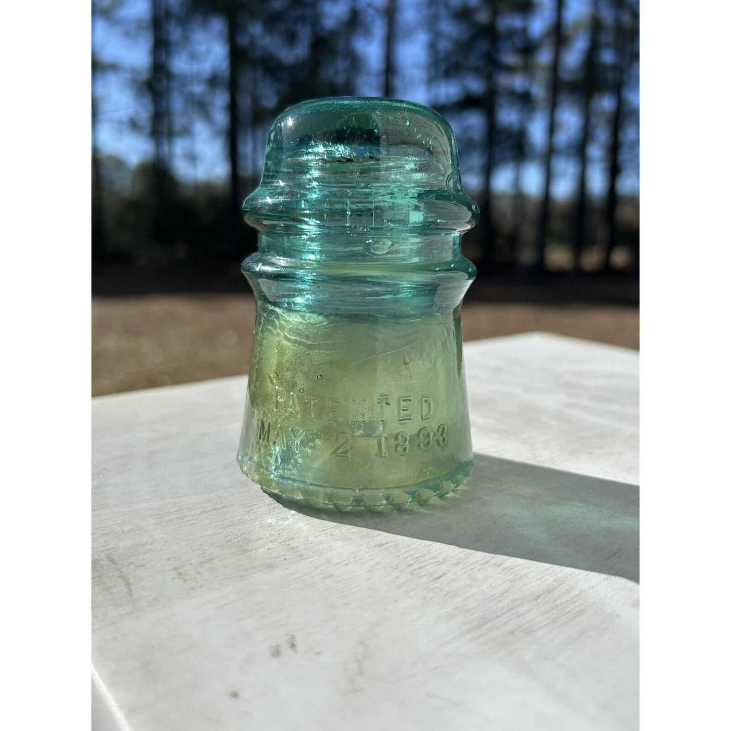 Hemingray No 9 aqua glass insulator side 1893 patent