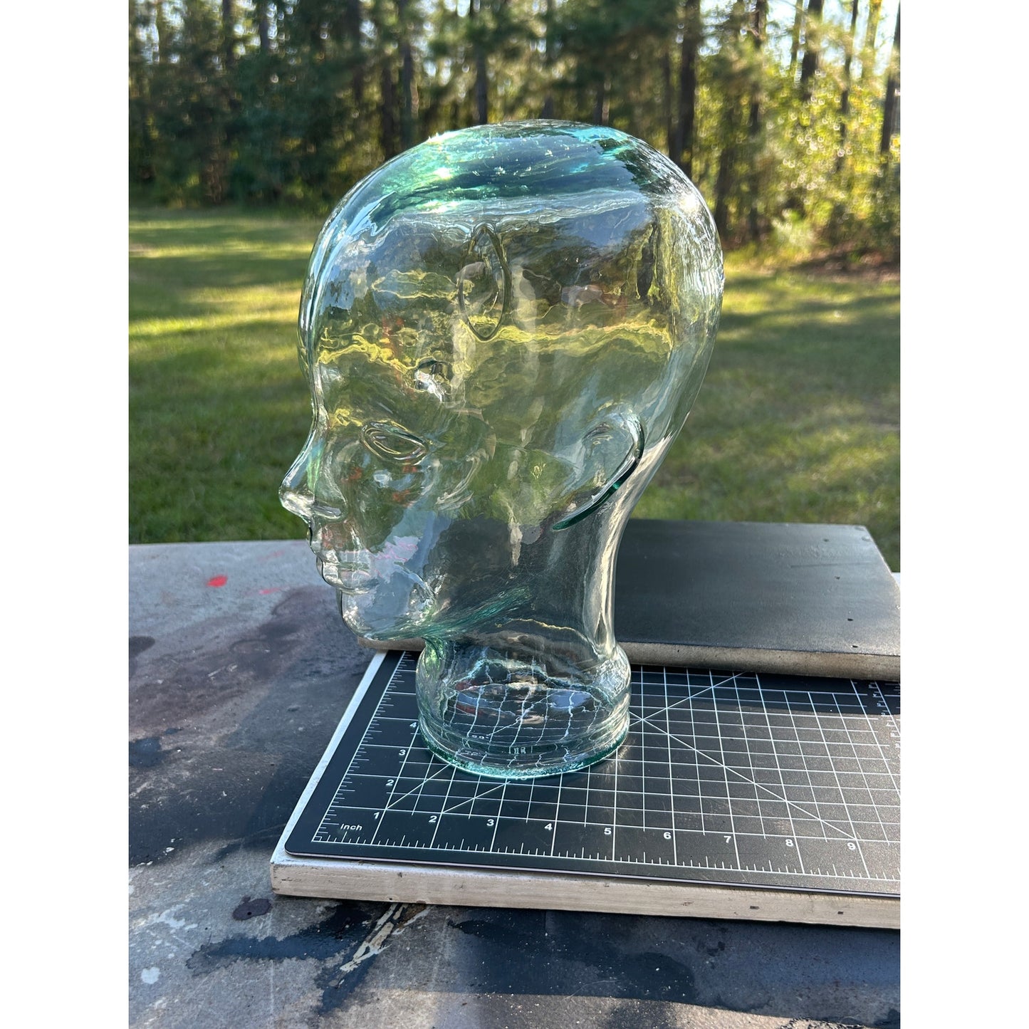 Vintage Glass Mannequin Head Clear with Green Tint & Bubbles Store Display 11.5”