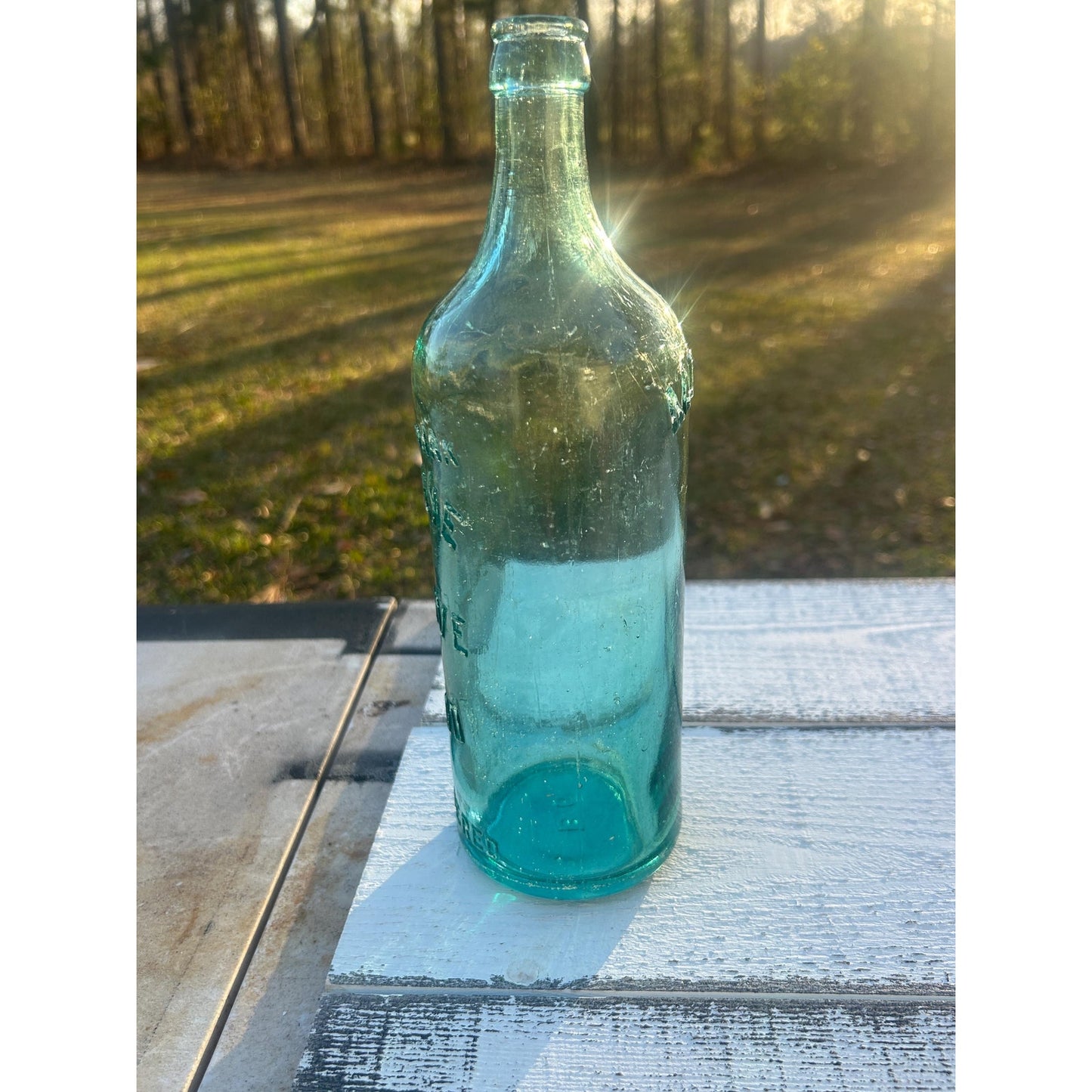 Moxie Nerve Food Aqua Glass Patent Medicine Bottle, Embossed Brockway Glass Collectible Decor