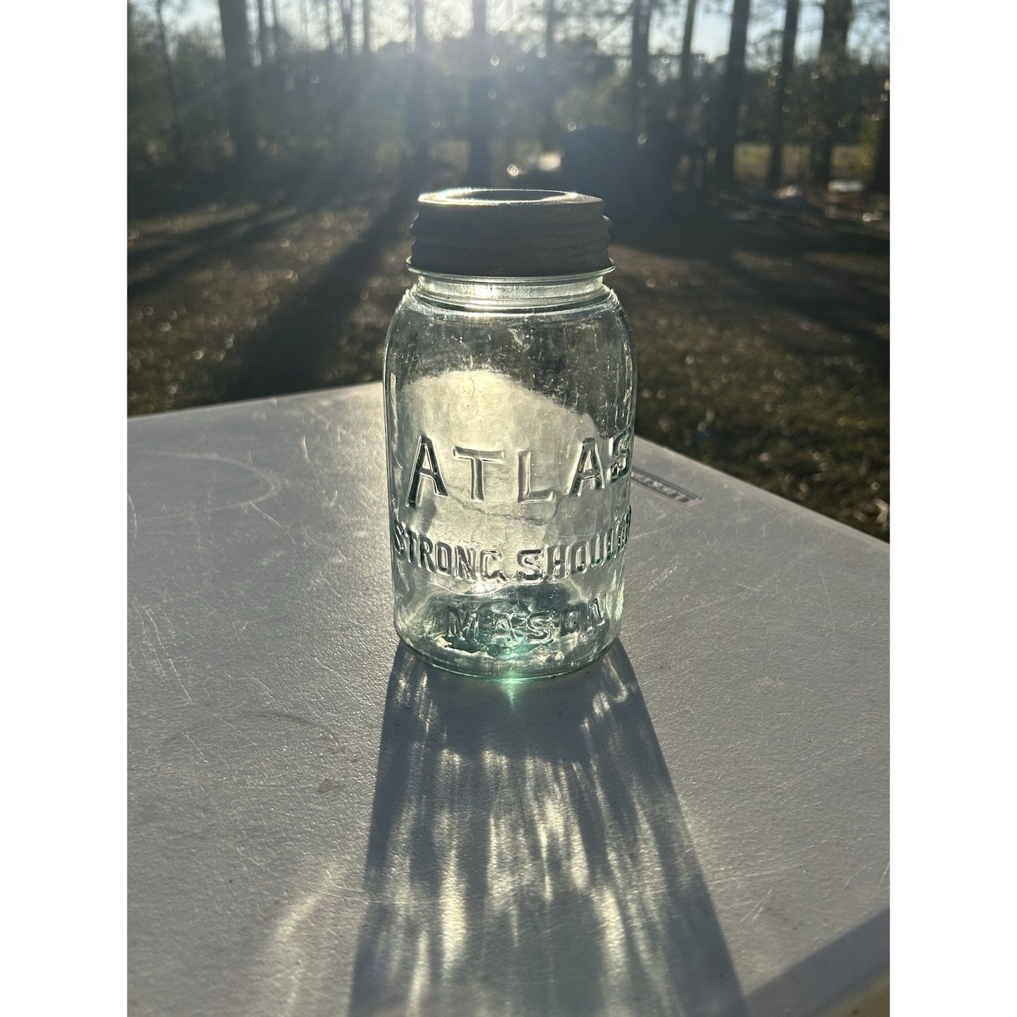 Antique Atlas Strong Shoulder Quart Canning Jar — Light Cornflower Blue — Seed Bubble Glass — Rare Color Variant
