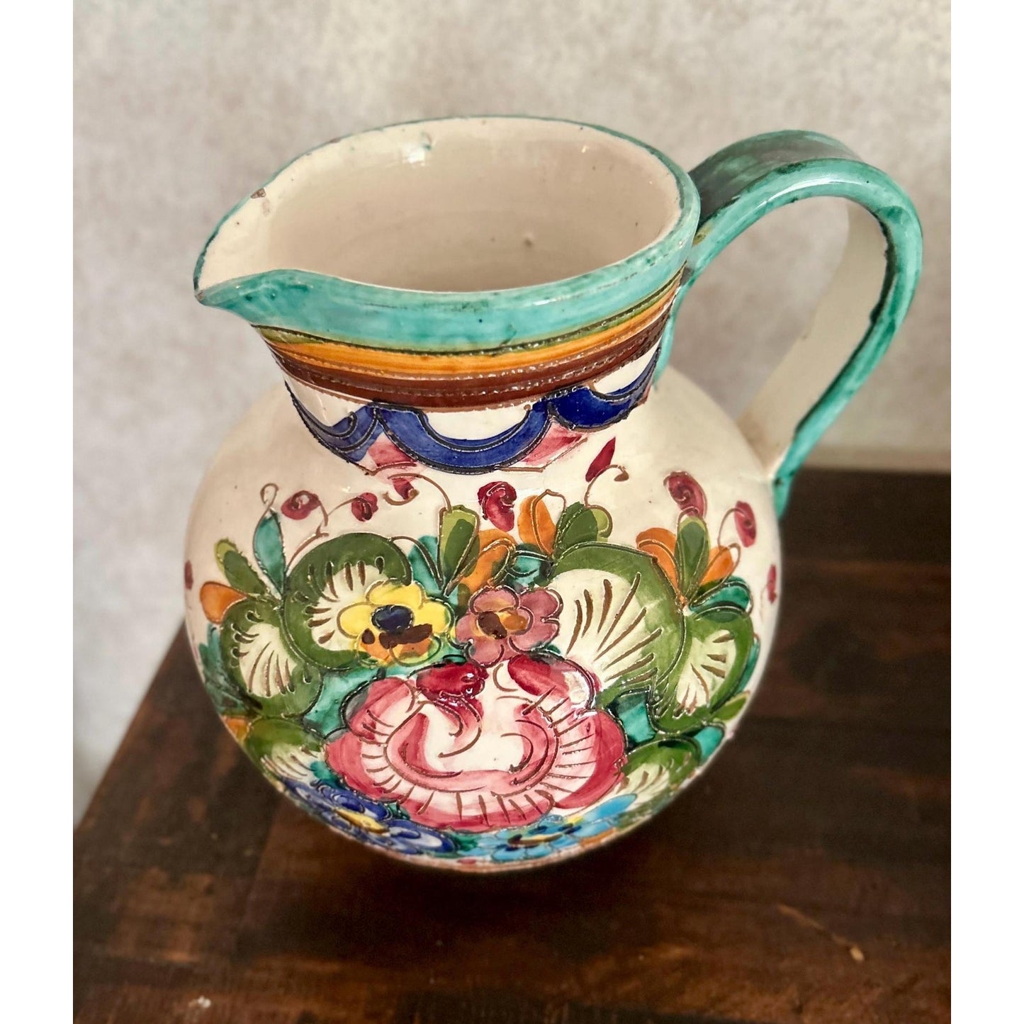 Vintage Spanish Talavera Faience Pottery Pitcher Hand Painted Floral Ceramic Jug Majolica
