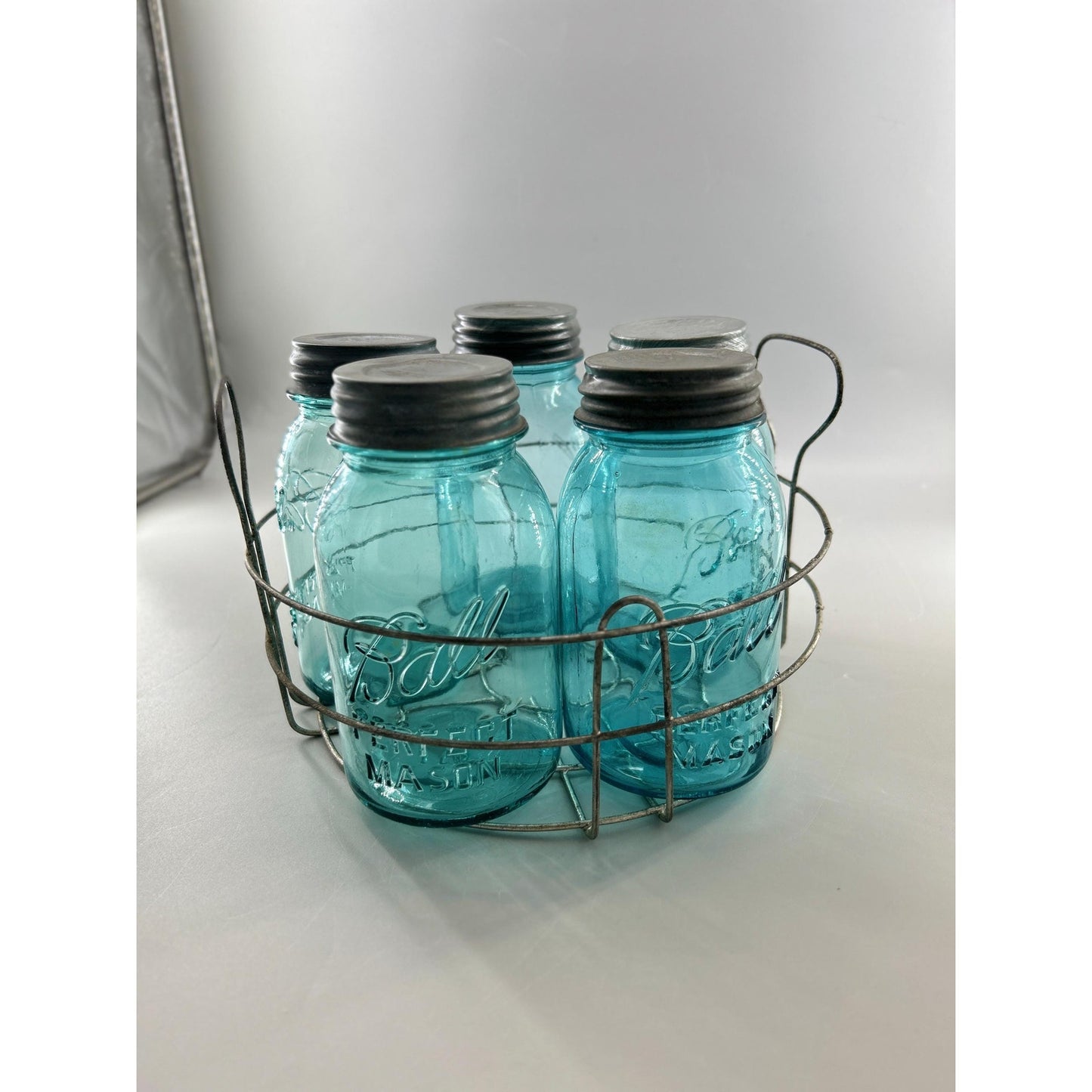 Vintage Ball Perfect Mason Jar Set Aqua Blue w Wire Carrier Zinc Lids 5pc