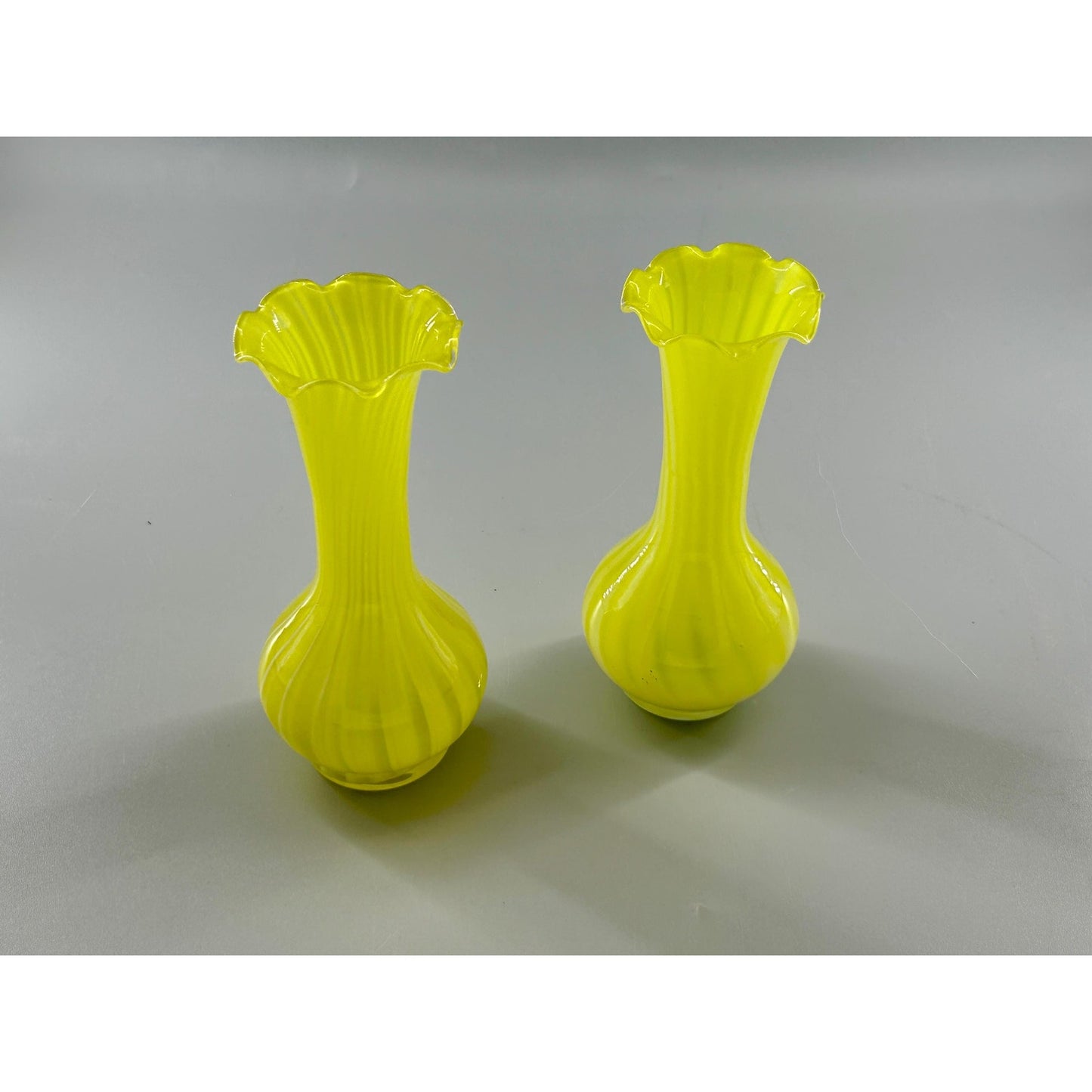 Vintage Murano Style Yellow Opaline Art Glass Bud Vases Pair Ruffled Rim Hand Blown Italy