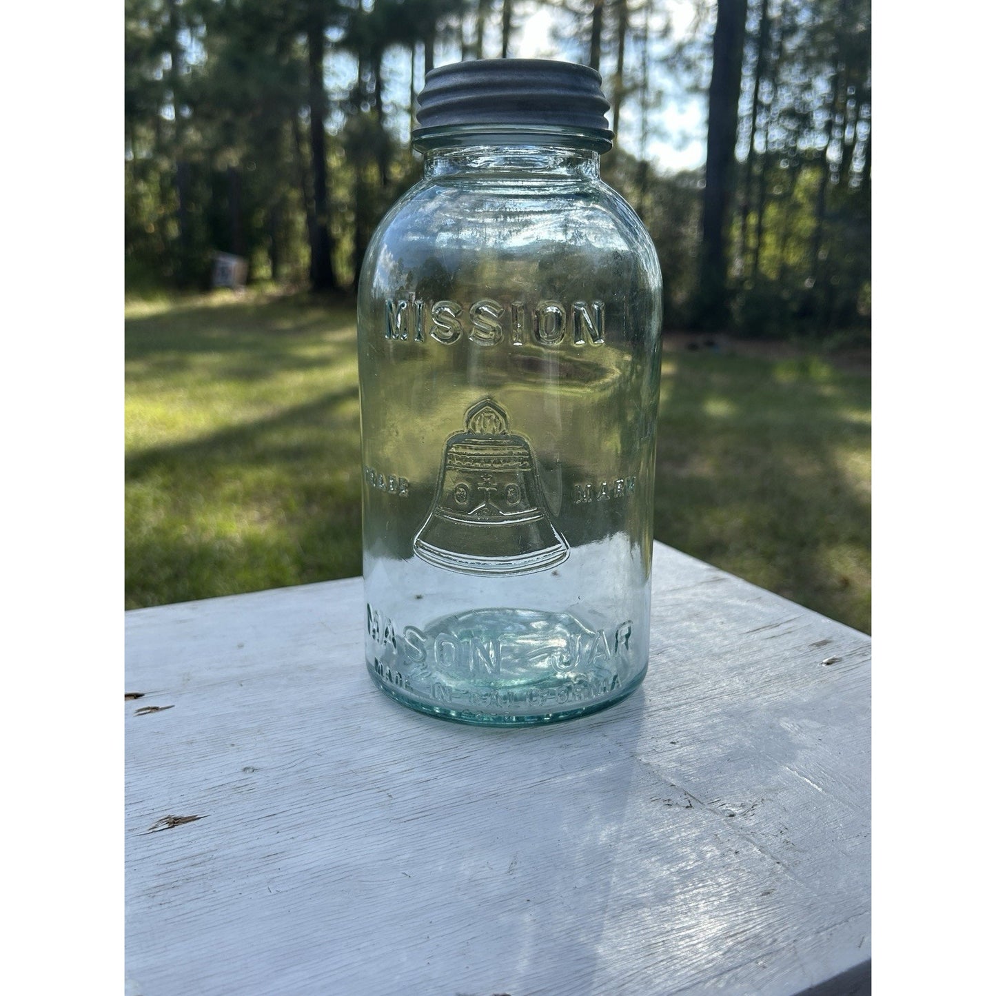 Rare Half Gallon Mission Bell Mason Jar Aqua WJ Latchford Los Angeles CA Antique