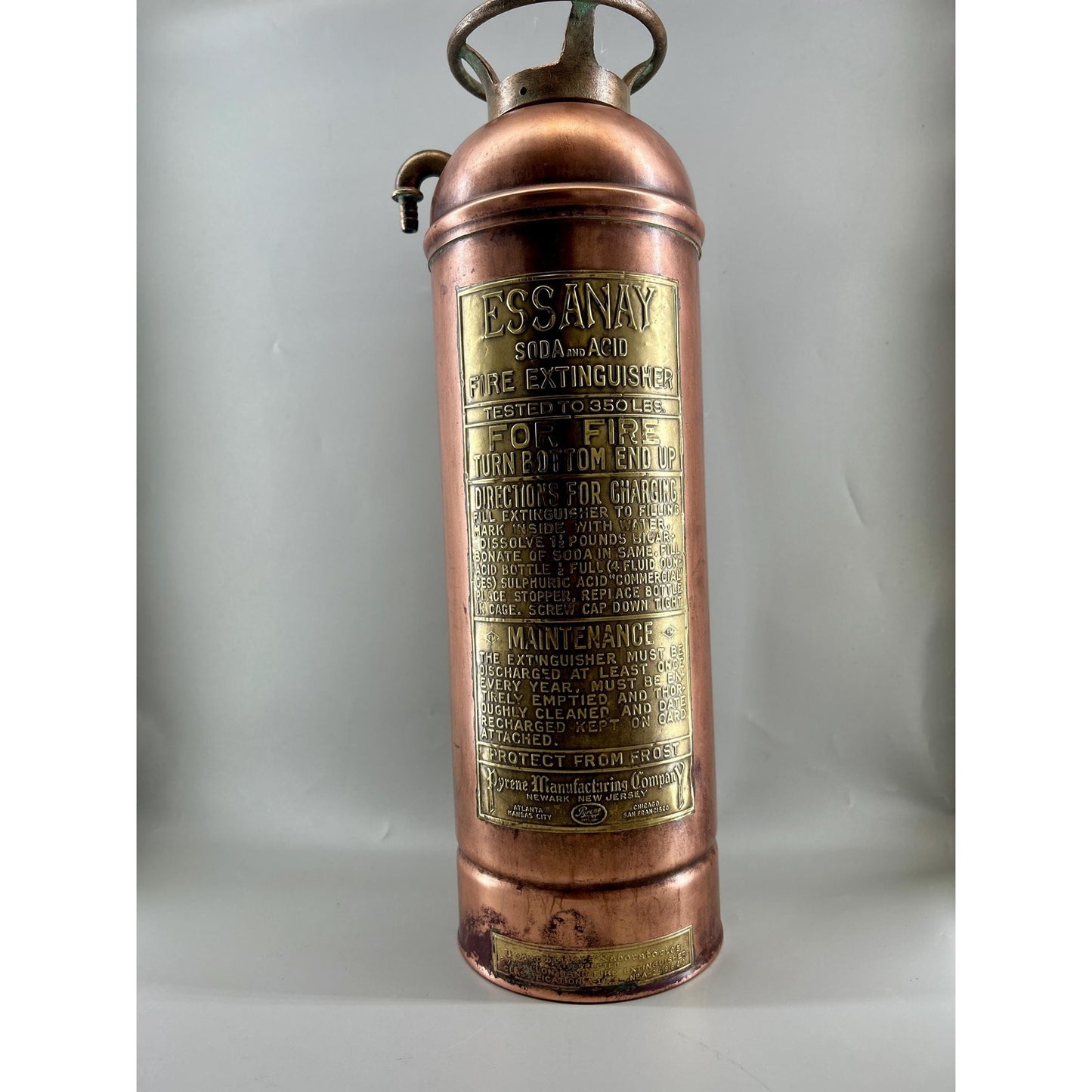 Antique ESSANAY Soda Acid Fire Extinguisher Copper Brass Original Glass Bottle Industrial Firehouse Decor Early 1900s