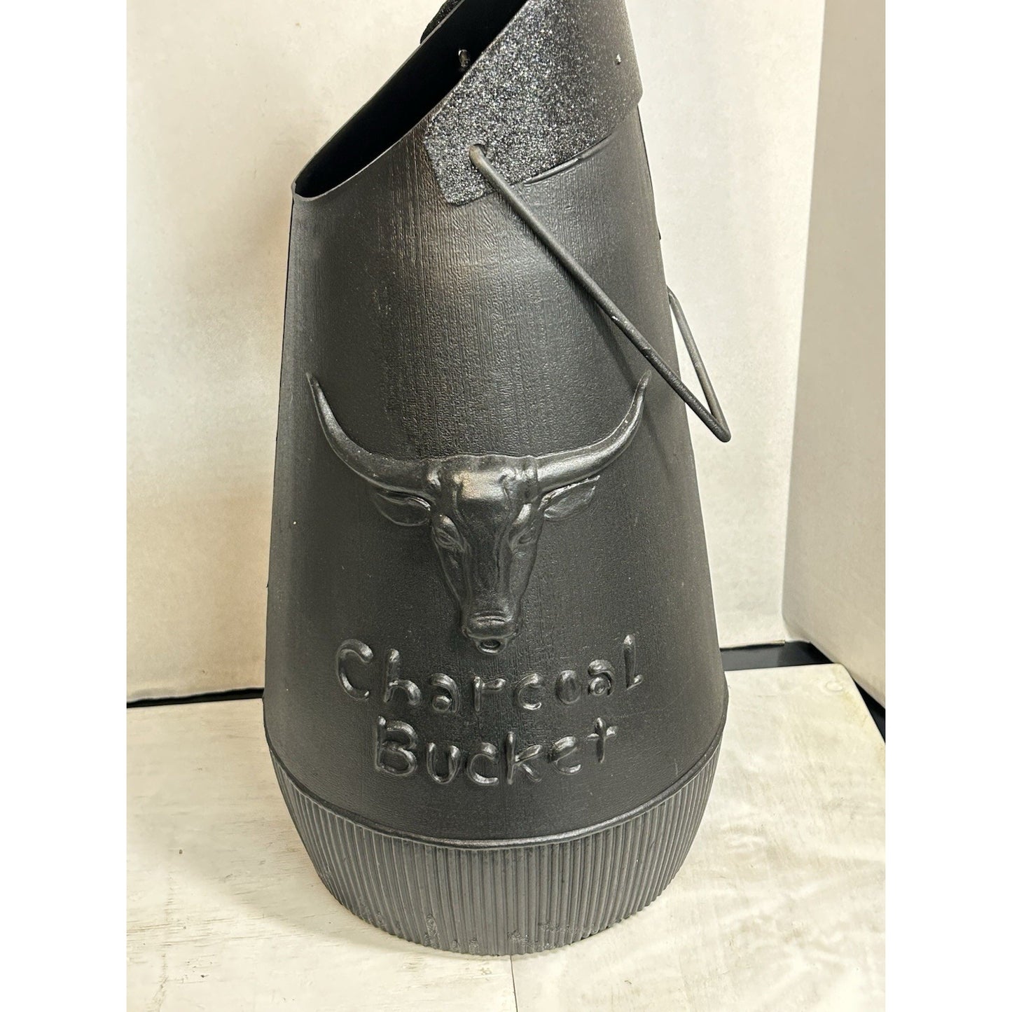 Vintage MCM Longhorn Steer Charcoal Bucket — Black Plastic — Cleaned & Refreshed — Western Decor