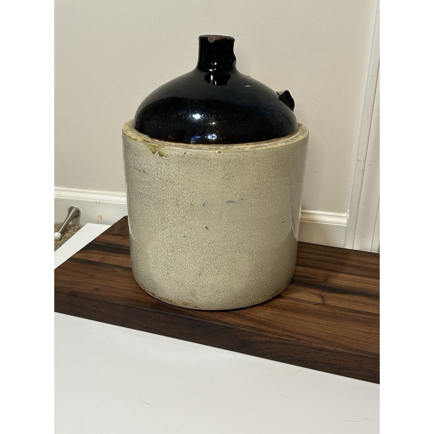 Antique Burley Winter 2 Gallon Stoneware Jug Cobalt Blue Heart Salt Glaze Crock