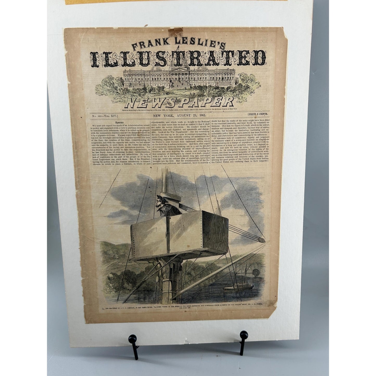 Antique Rare Civil War Newspaper 1862 Frank Leslie Illustrated Naval Masthead Lookout James River Union Warship Antique Print