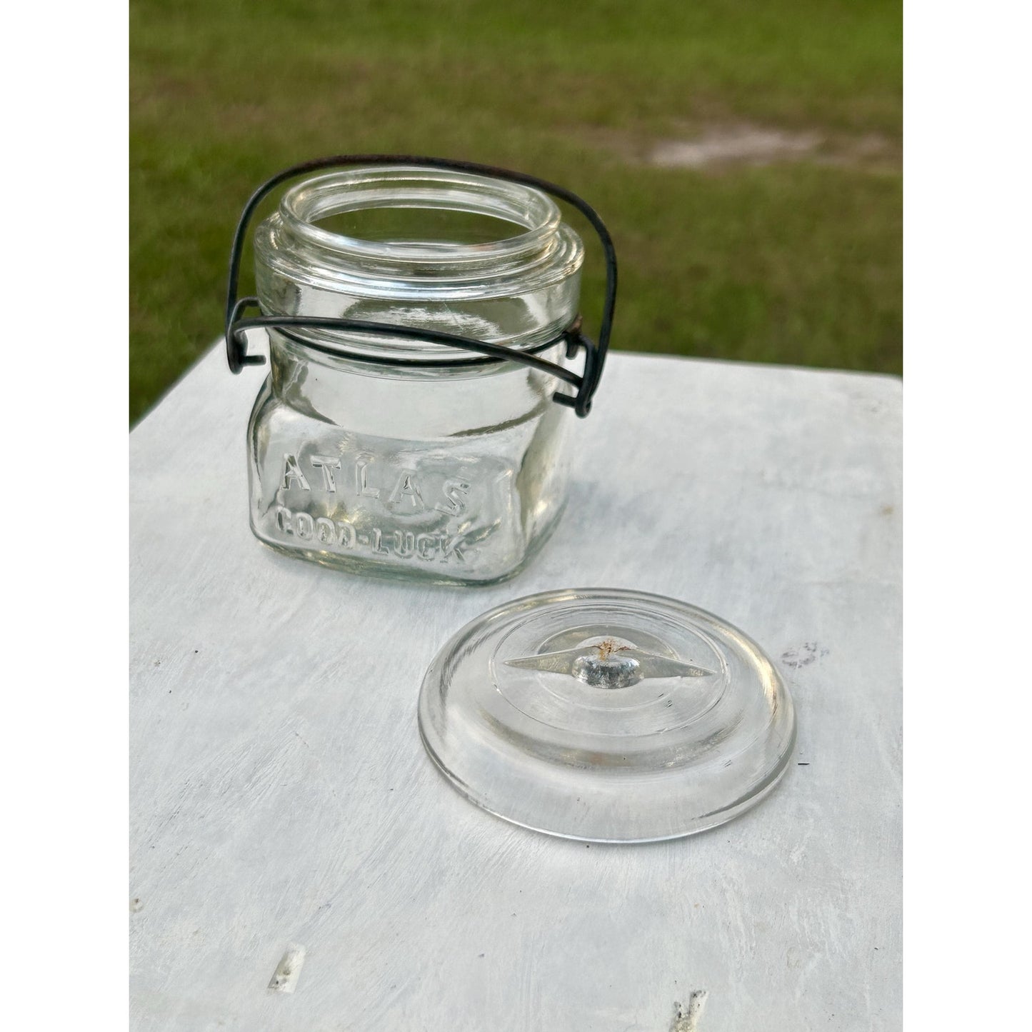 Atlas Good Luck Clover Half Pint Mason Jar Original Wire Bail Glass Lid Antique Hazel Atlas 1920s