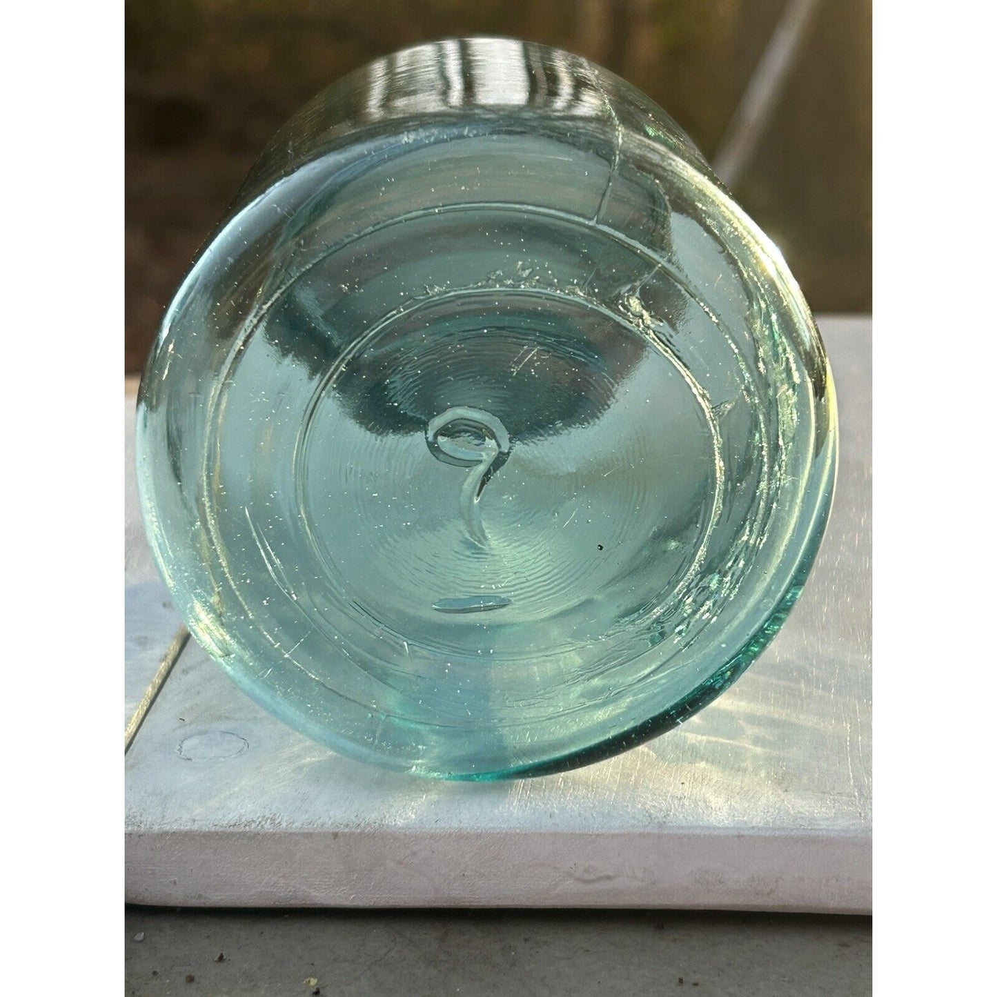 Rare Ball Perfect Mason 1920s blue glass jar top view