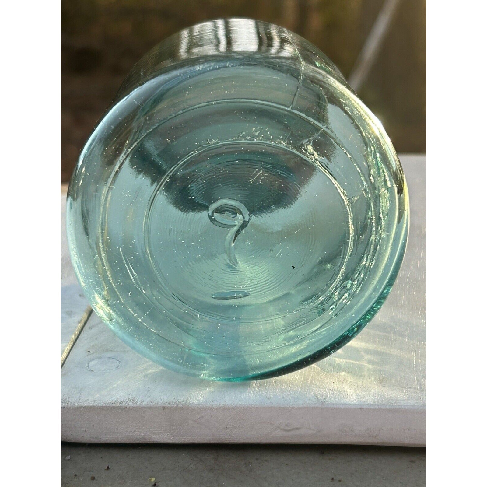 Rare Ball Perfect Mason 1920s blue glass jar top view