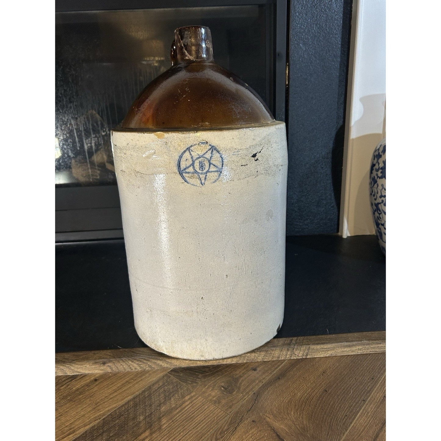Antique 5 gallon stoneware crock jug full body primitive farmhouse