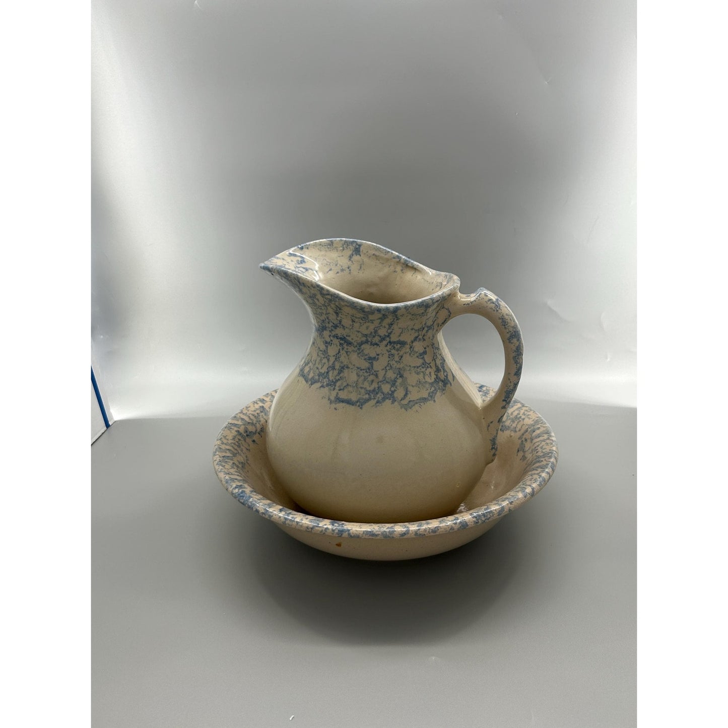 Robinson Ransbottom Blue Spongeware Pitcher and Bowl Set, RRP Pottery Stoneware Basin, Primitive Farmhouse Kitchen Decor, Rare