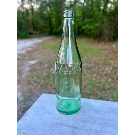 Antique Pluto Water Bottle America’s Physic Devil Logo Base Embossed Aqua Green Mineral Water c1920s