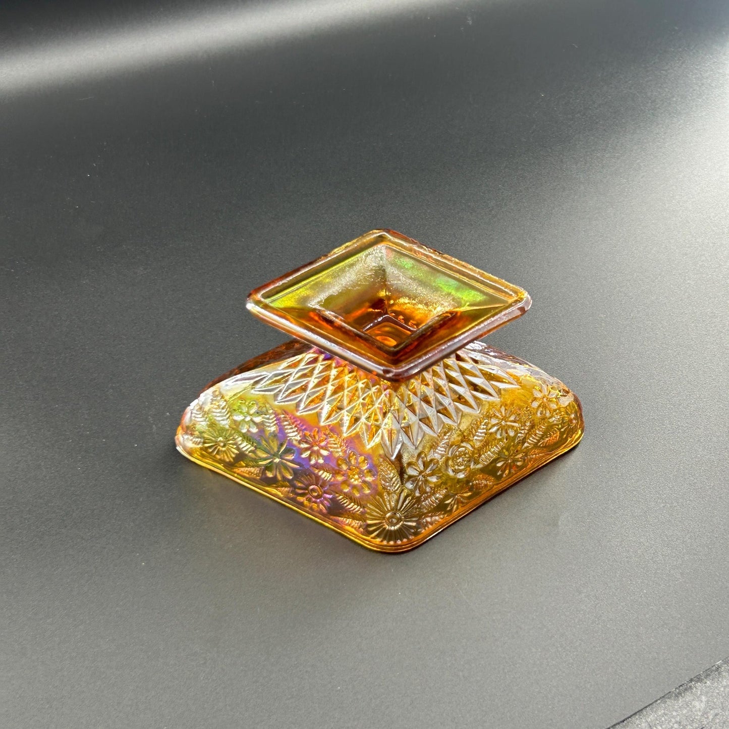 Vintage Indiana Glass Carnival Compote – Marigold Iridescent Square Pedestal Bowl, Floral Depression Glass Centerpiece