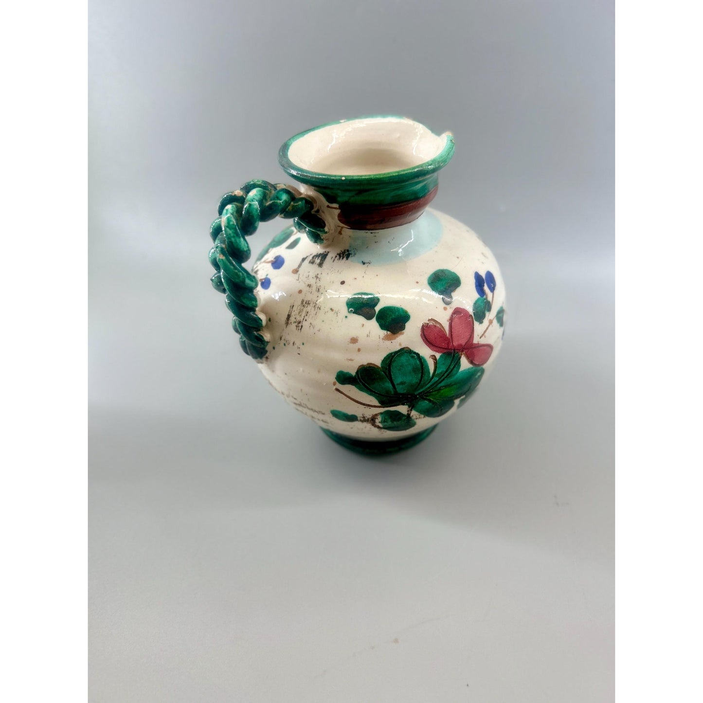 Vintage Hand Painted Spanish Majolica Talavera Style Faience Pitcher Twisted Handle Floral Jug