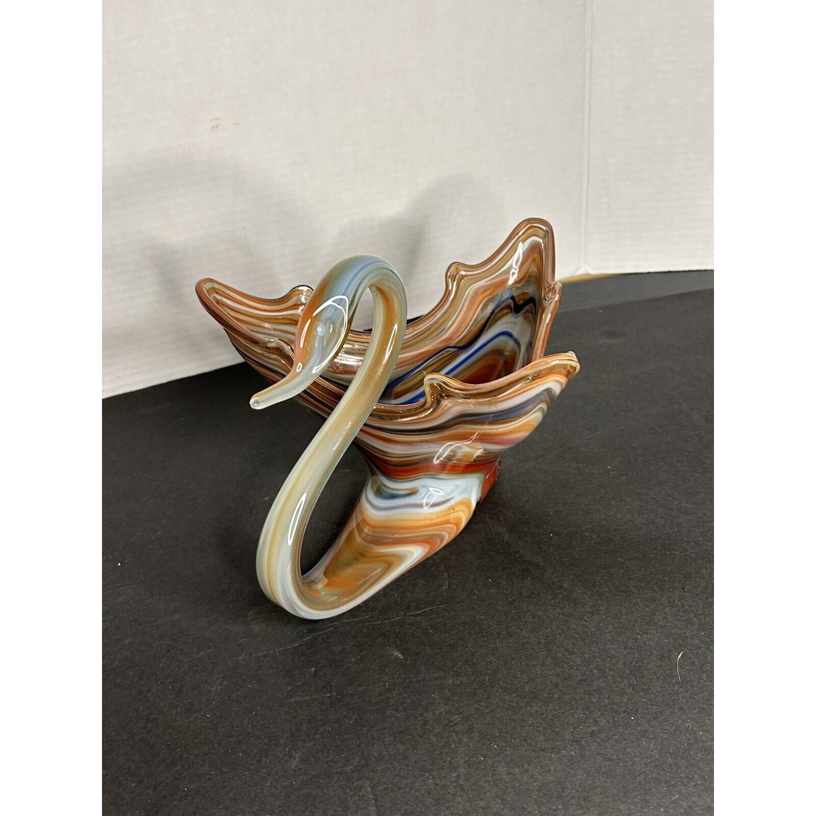 Vintage Murano style glass blue orange swirl top view