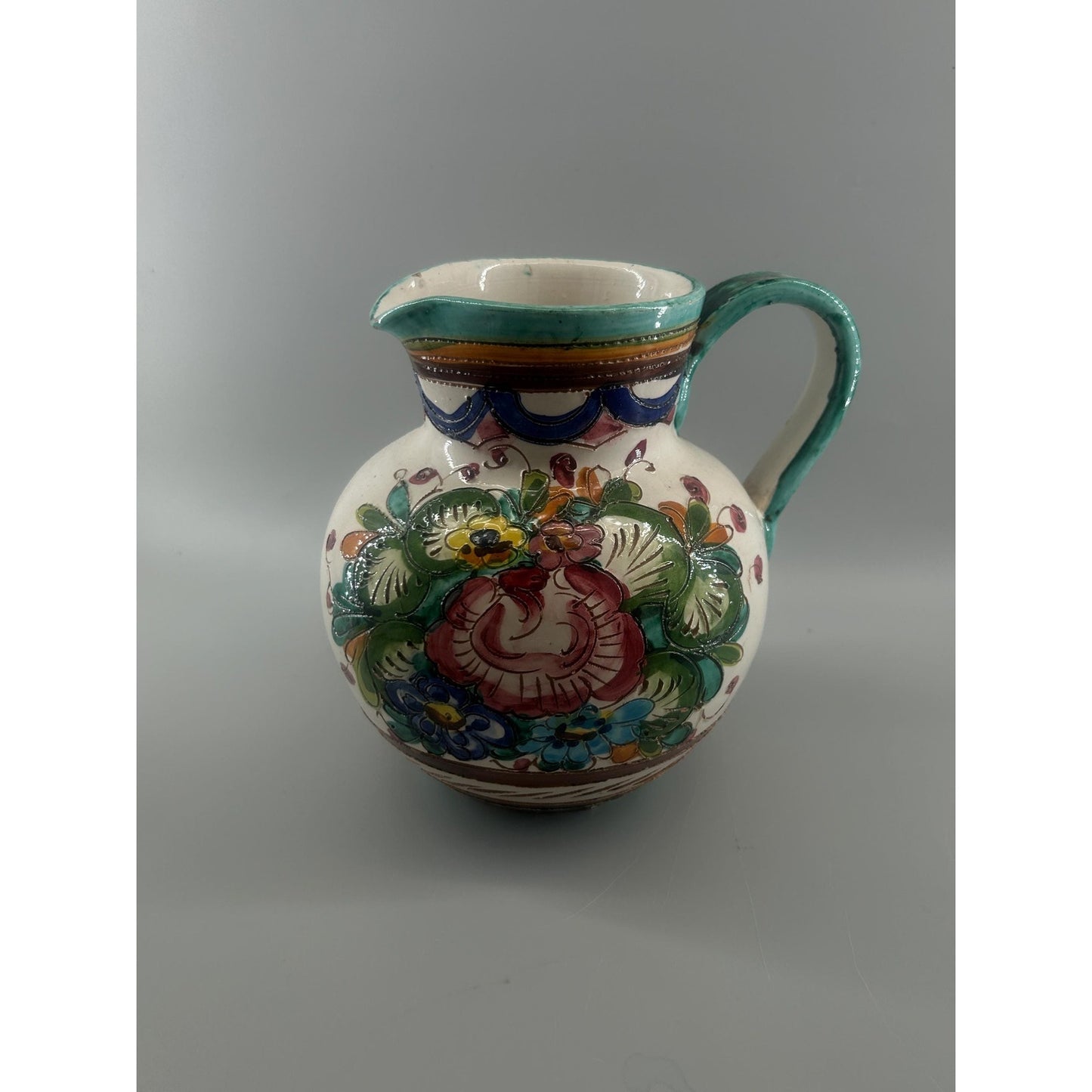 Vintage Spanish Talavera Faience Pottery Pitcher Hand Painted Floral Ceramic Jug Majolica