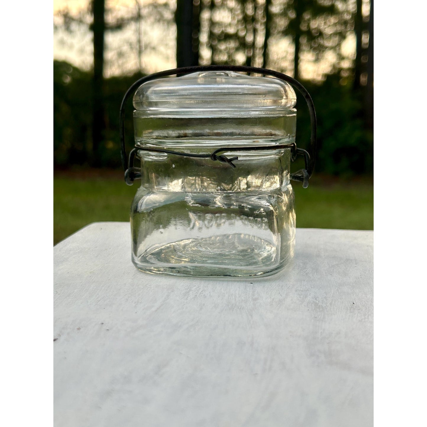 Atlas Good Luck Clover Half Pint Mason Jar Original Wire Bail Glass Lid Antique Hazel Atlas 1920s