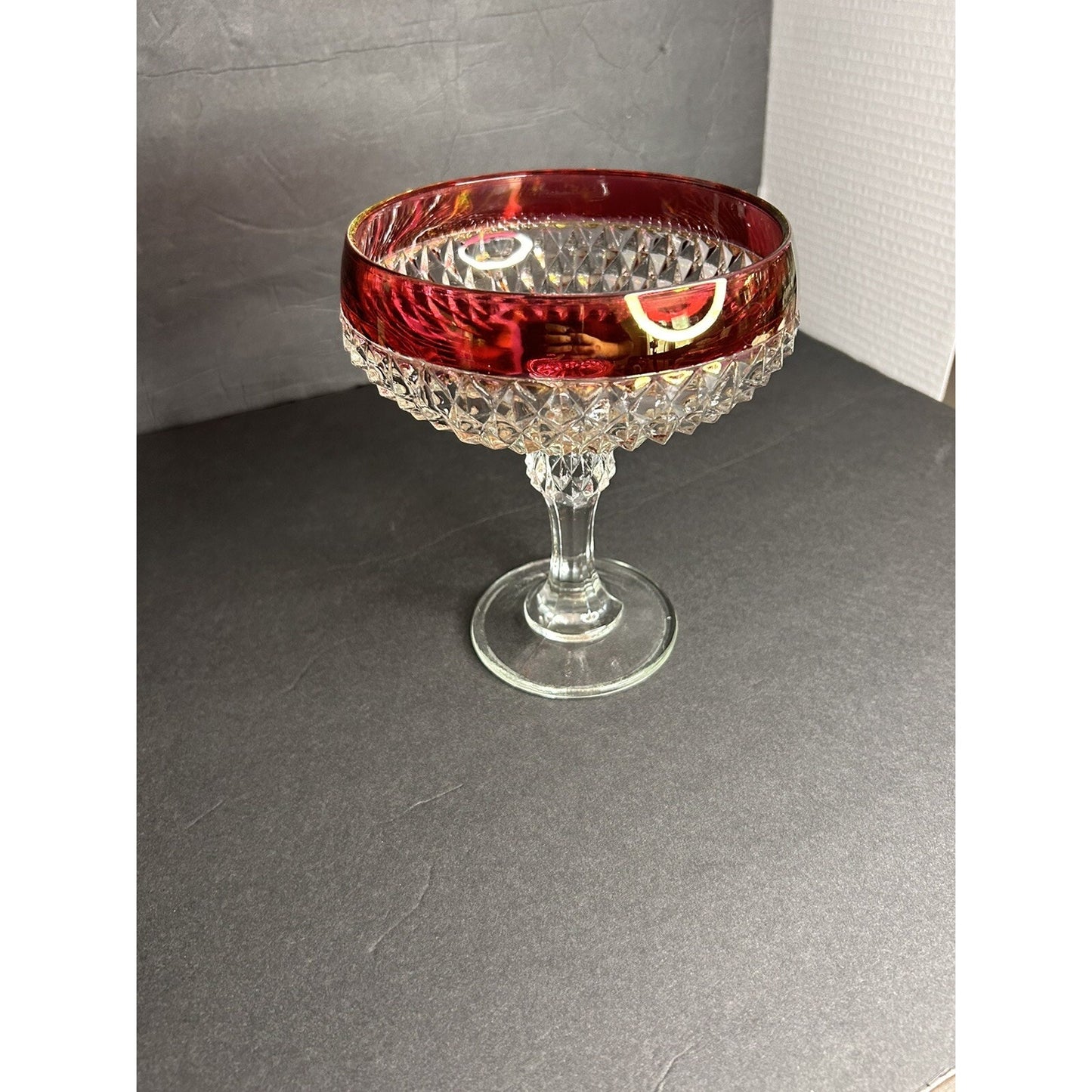 Vintage ruby flash diamond point compote candy dish full view