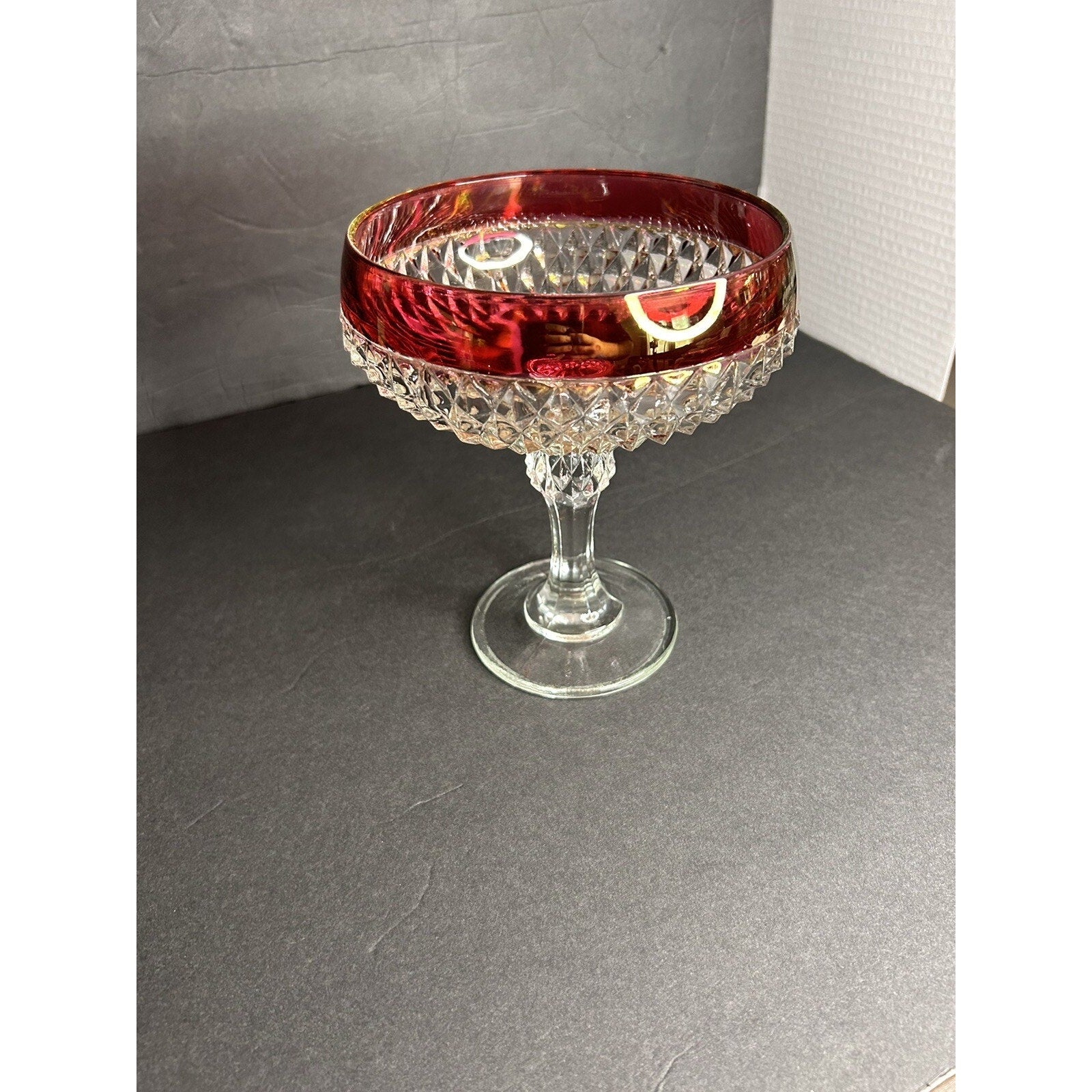 Vintage ruby flash diamond point compote candy dish full view
