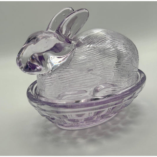 Vintage Lavender Bunny On Nest Covered Dish Easter Decor Purple Glass Rabbit Cottagecore Farmhouse Spring Centerpiece Candy Trinket Box