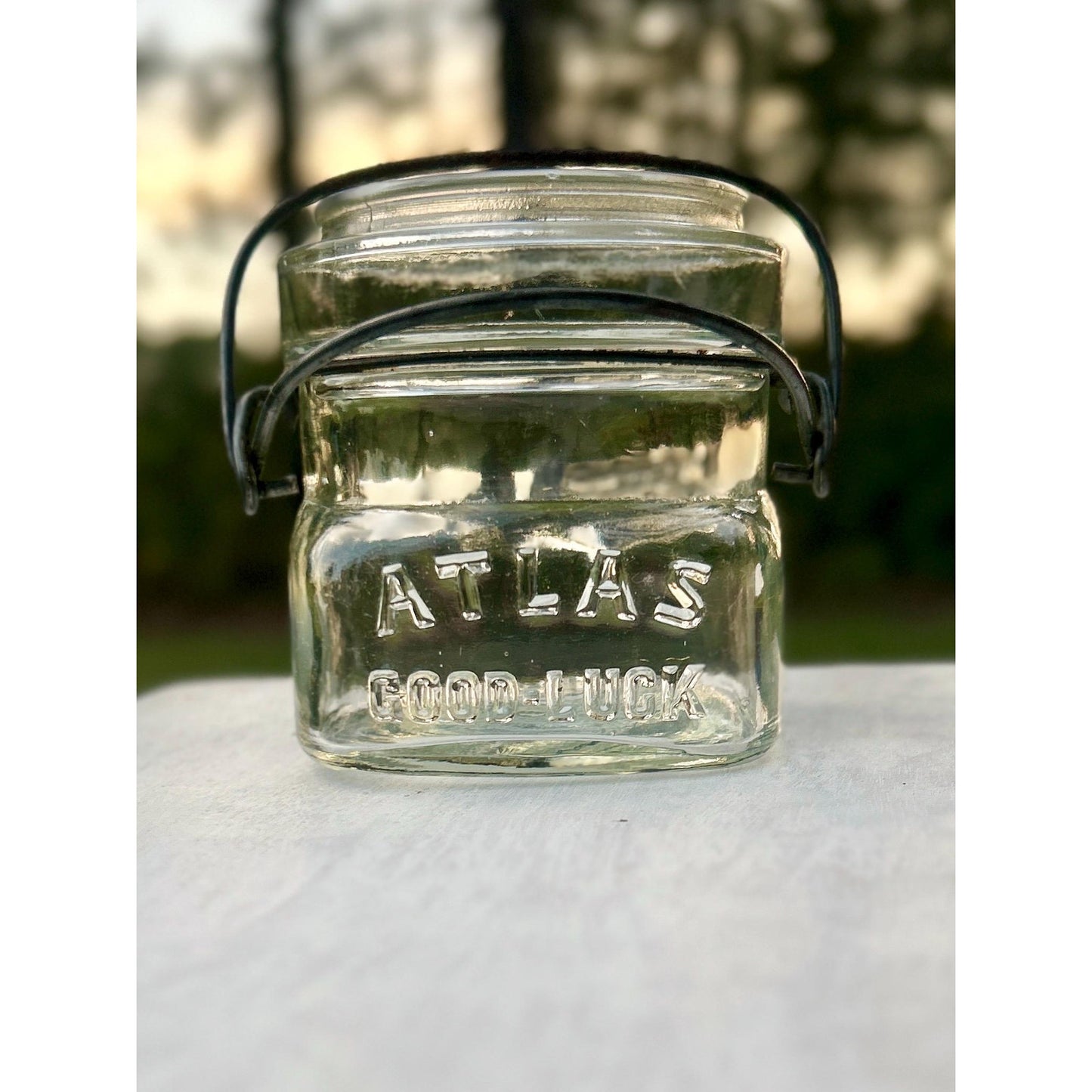 Atlas Good Luck Clover Half Pint Mason Jar Original Wire Bail Glass Lid Antique Hazel Atlas 1920s