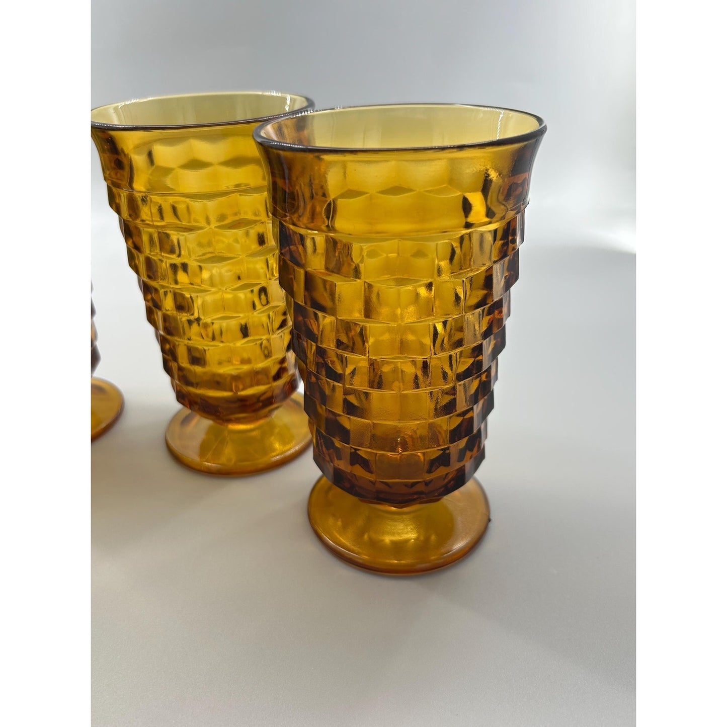 Vintage Indiana Glass Whitehall Cube Tumblers Set of 4 Amber Footed Glasses Mid Century Barware Retro Drinkware. Honey Brown Root Beer MCM