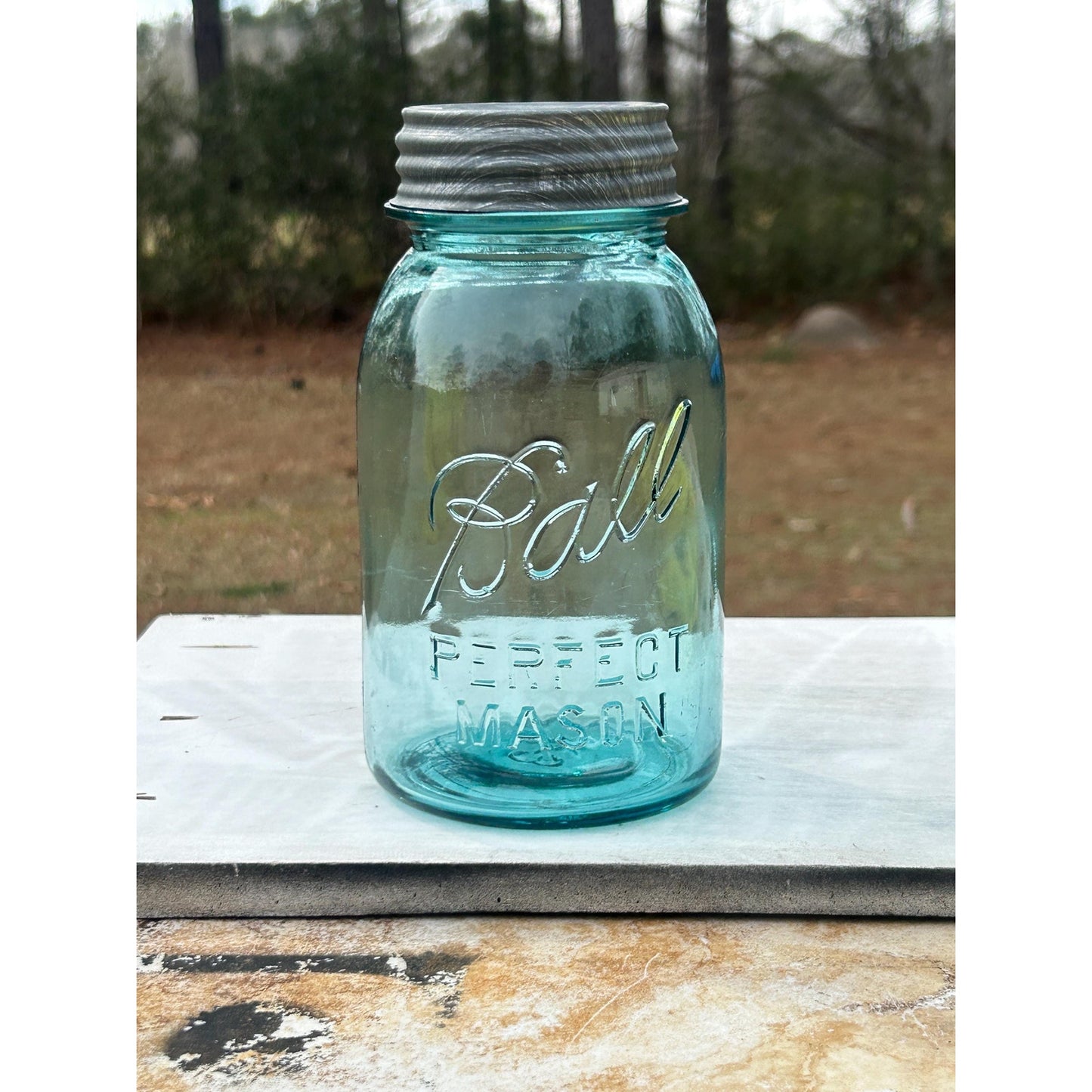 Antique Ball Perfect Mason Jar #13 Mold Aqua Quart w Original Zinc Lid 1920s