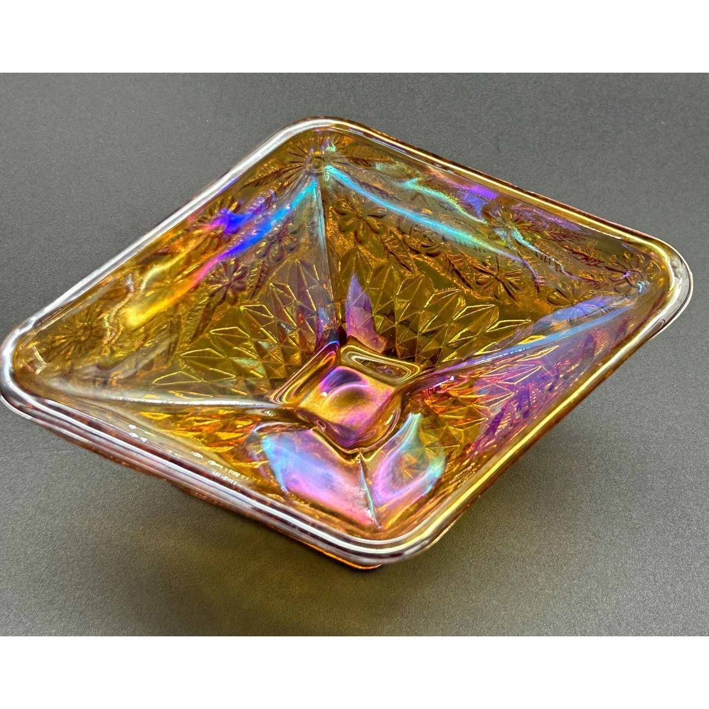 Vintage Indiana Glass Carnival Compote – Marigold Iridescent Square Pedestal Bowl, Floral Depression Glass Centerpiece