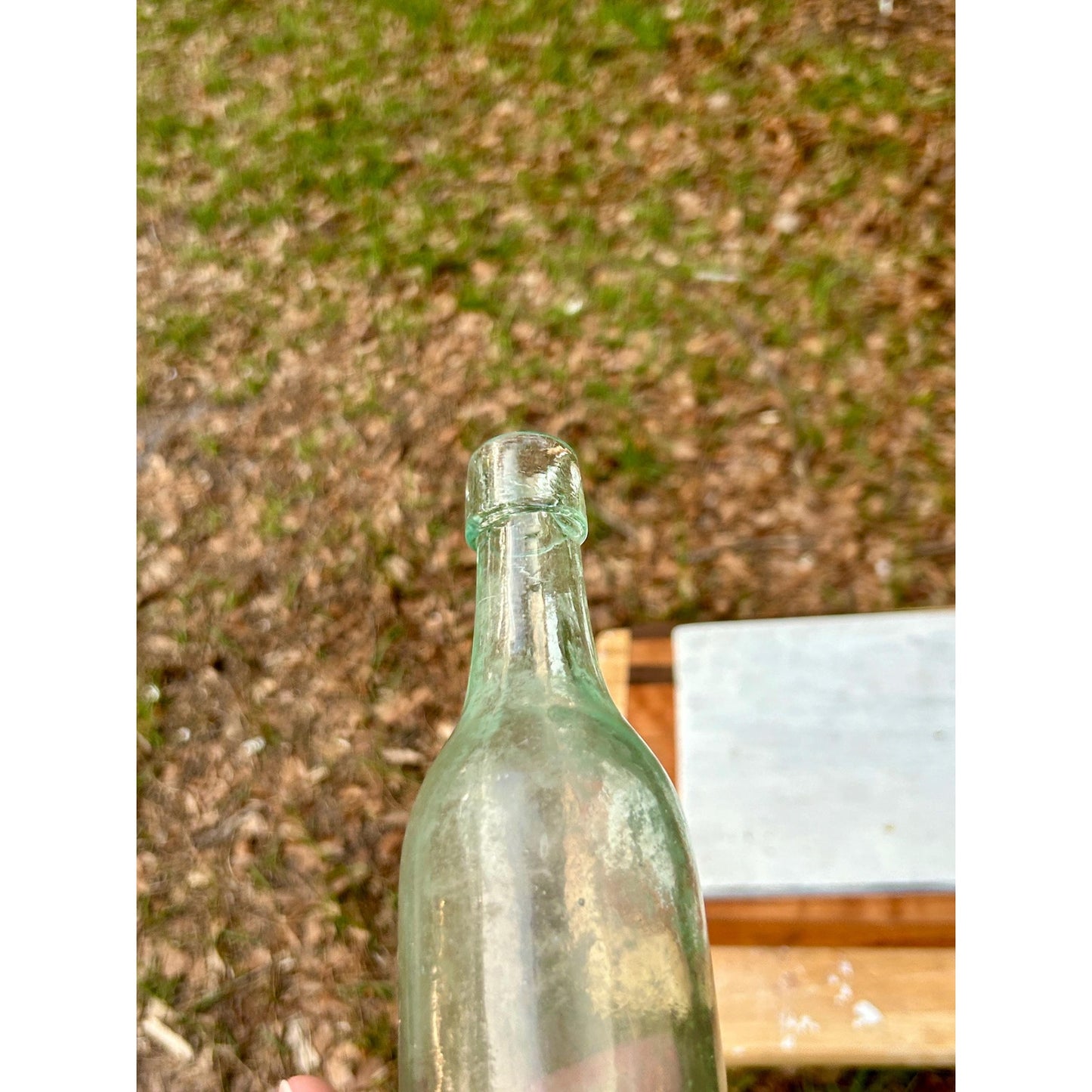 Antique Aqua Utility Spirits Bottle c1870-1885 Applied Collar Hand Blown Whittle Glass Deep Push-Up Base