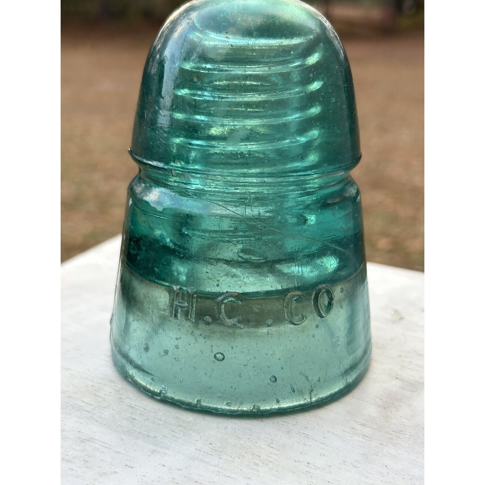 Antique H.G. Co beehive aqua green insulator drip points