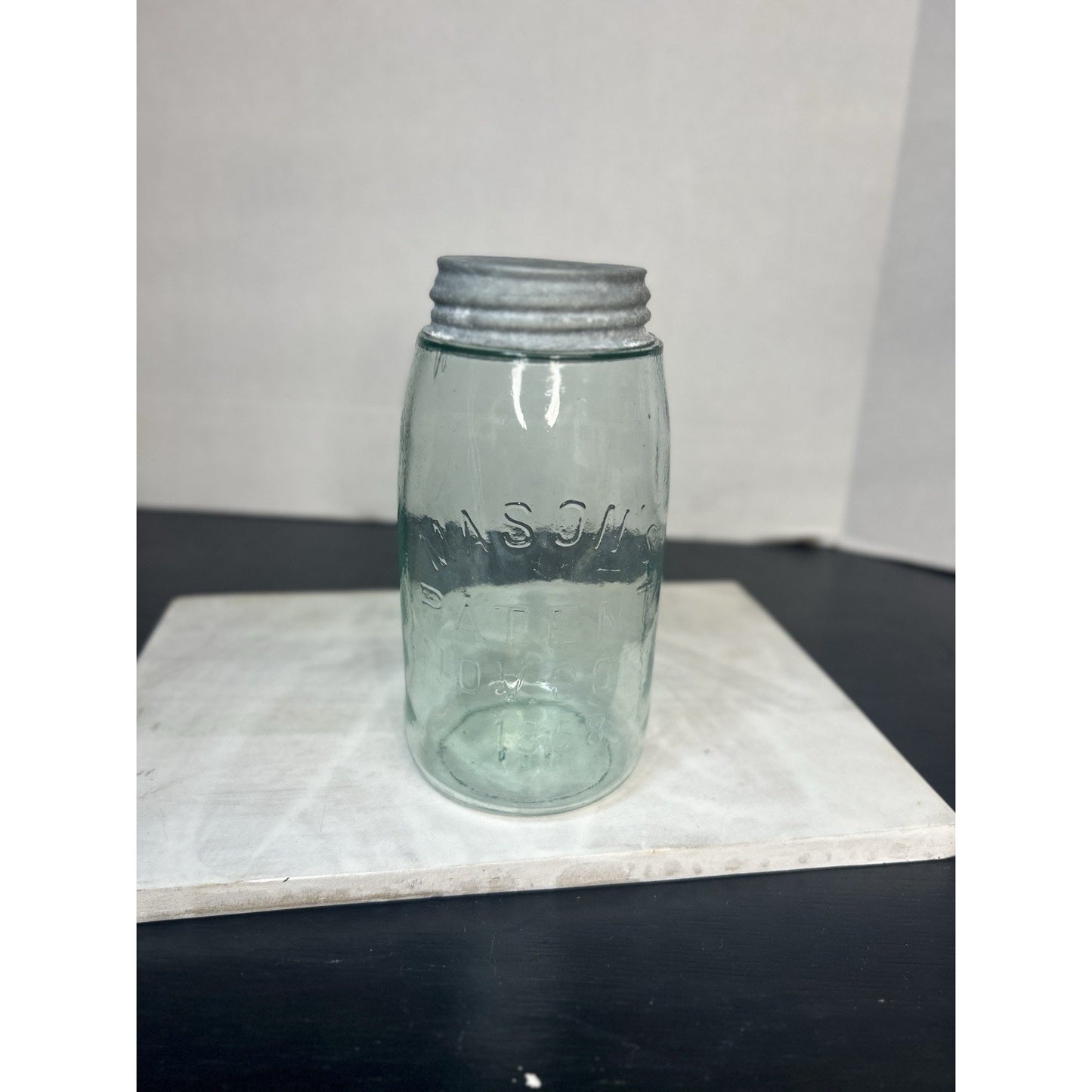Antique Masons Jar Quart Canning Jar Nov 30th 1858 Light Blue Bubbles Rare