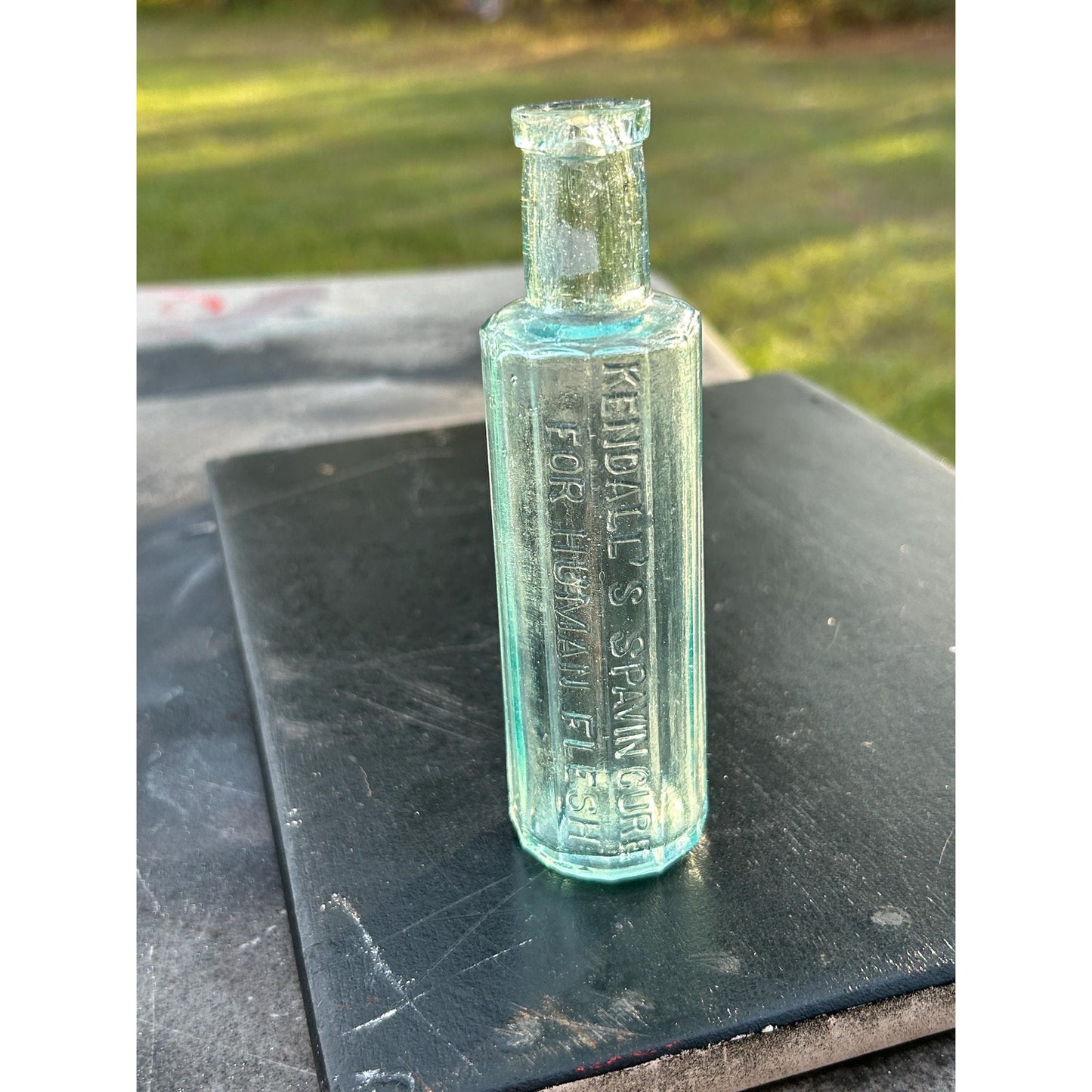 Antique Kendall’s Spavin Cure Bottle – Aqua Blue Glass, 1800s Patent Medicine, Embossed “For Human Flesh” – Rare Apothecary Remededy .