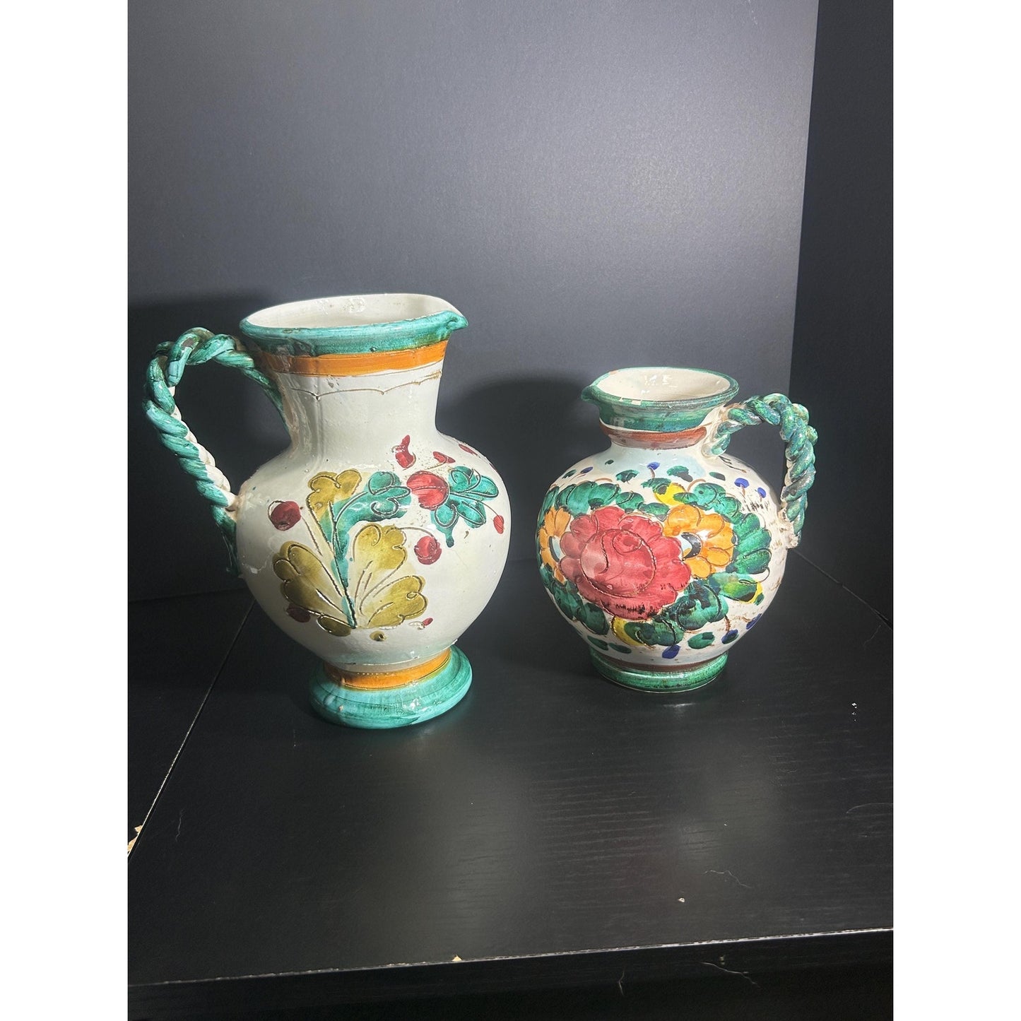 Pair of Hand Painted Majolica Pitchers | Braided Handle Floral Pottery Set | Spanish Rustic Ceramic Jugs | Tuscan Mediterranean Home Decor